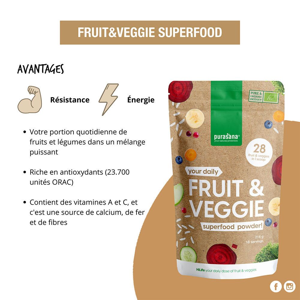Productverpakking van purasana® Fruit & Veggie Superfood. Tekst met voordelen, illustraties en productafbeelding. Biologisch label.