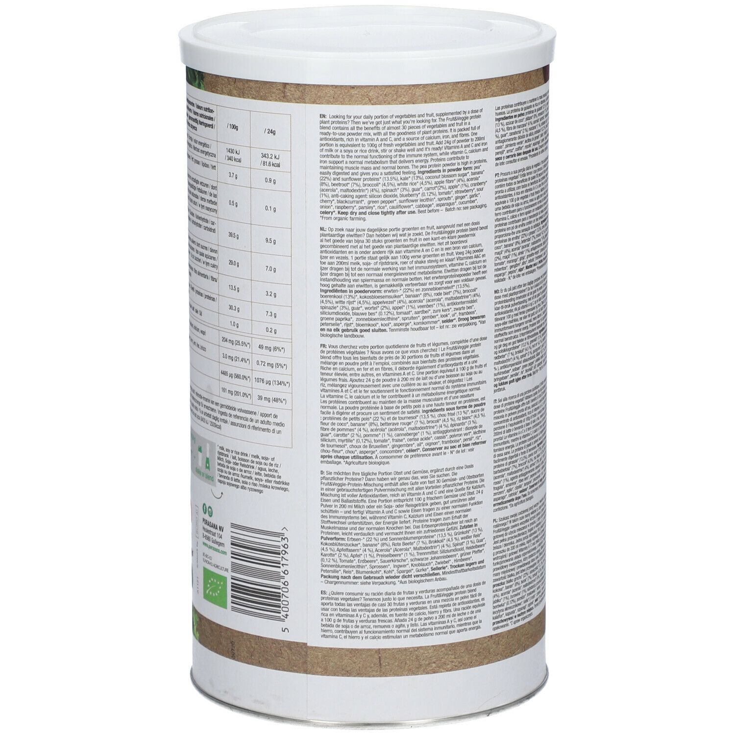Zylinderdose mit Text. Rückseite mit Informationen zu Inhaltsstoffen und Nährwerten. Brauner Hintergrund.