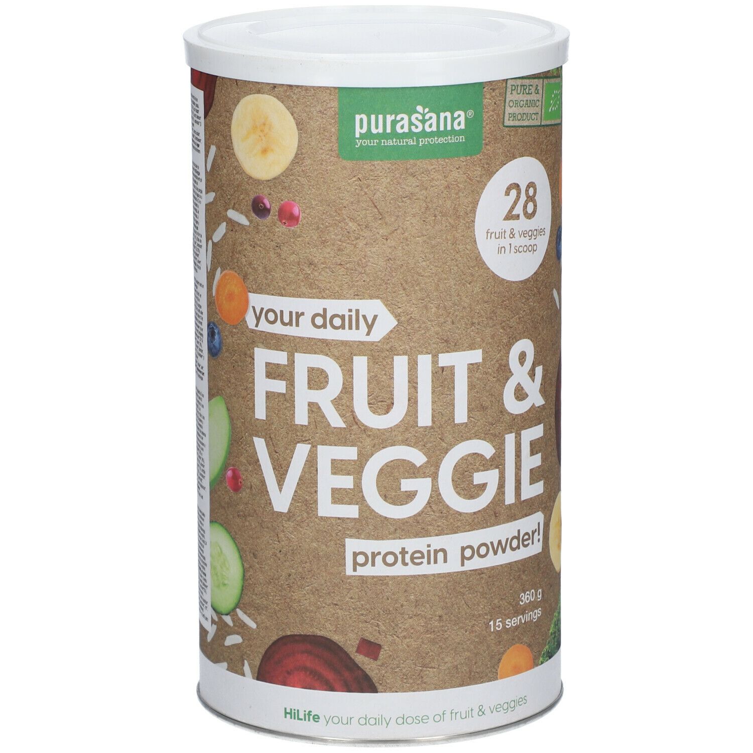 Zylinderdose mit Aufschrift "Fruit & Veggie Protein Powder". Dekoriert mit Obst- und Gemüseabbildungen. Deckel weiß.