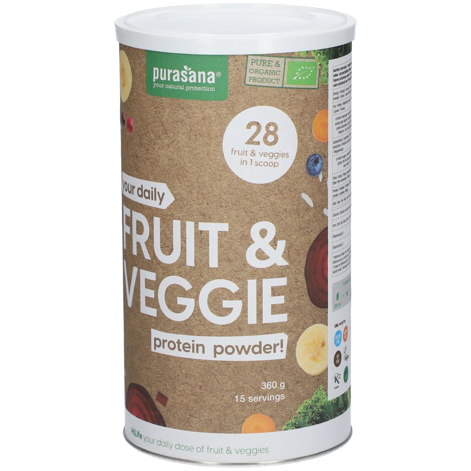 Zylinderdose mit Aufschrift "Fruit & Veggie Protein Powder". Dekoriert mit Obst- und Gemüseabbildungen. Deckel weiß.