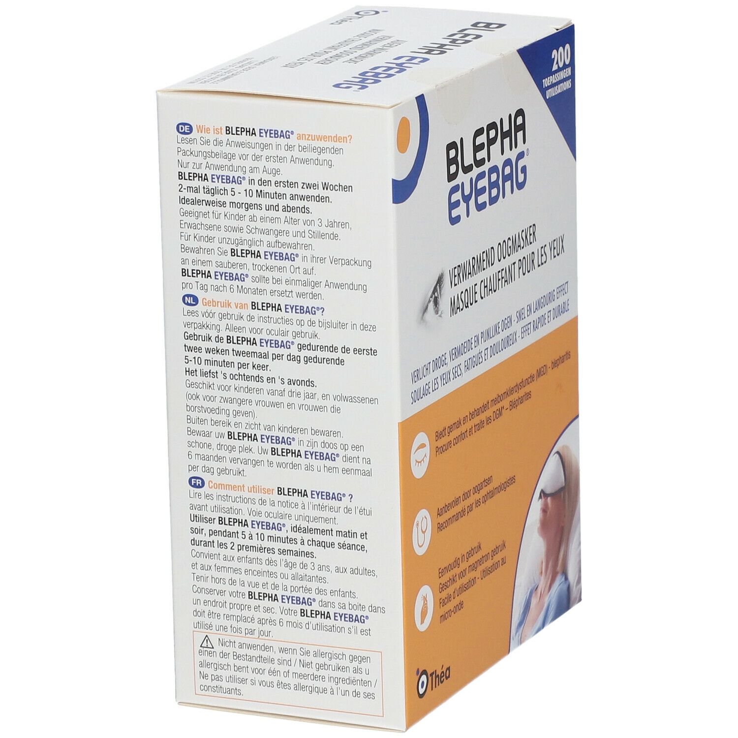 Boîte Blepha Eyebag. Instructions d'utilisation. 200 utilisations. Pour enfants dès 3 ans. Recommandations d'utilisation. Fabricant: Théa.