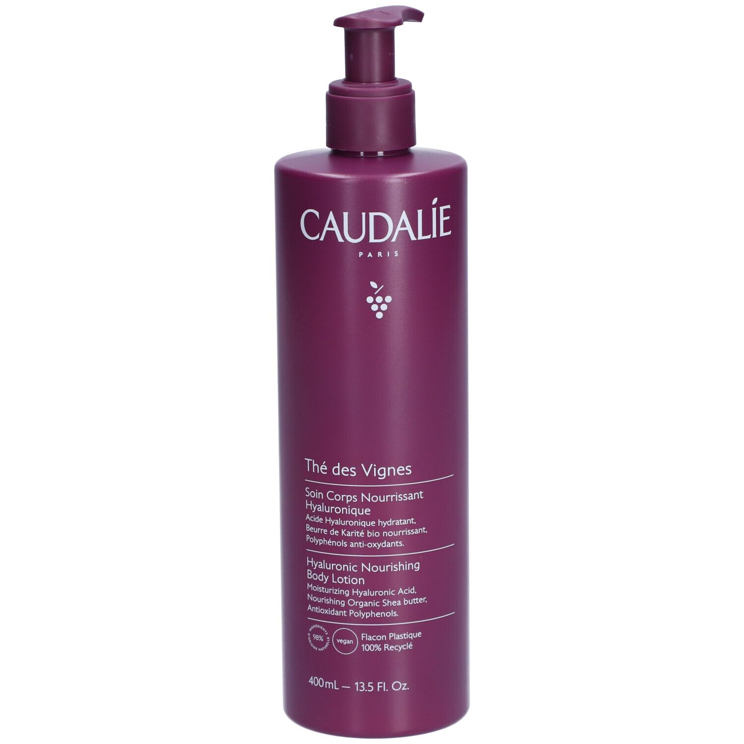 Flasche Caudalie Thé des Vignes Bodylotion mit Pumpe. Lila Flasche mit weißer Schrift. Produktname und Inhaltsstoffe.