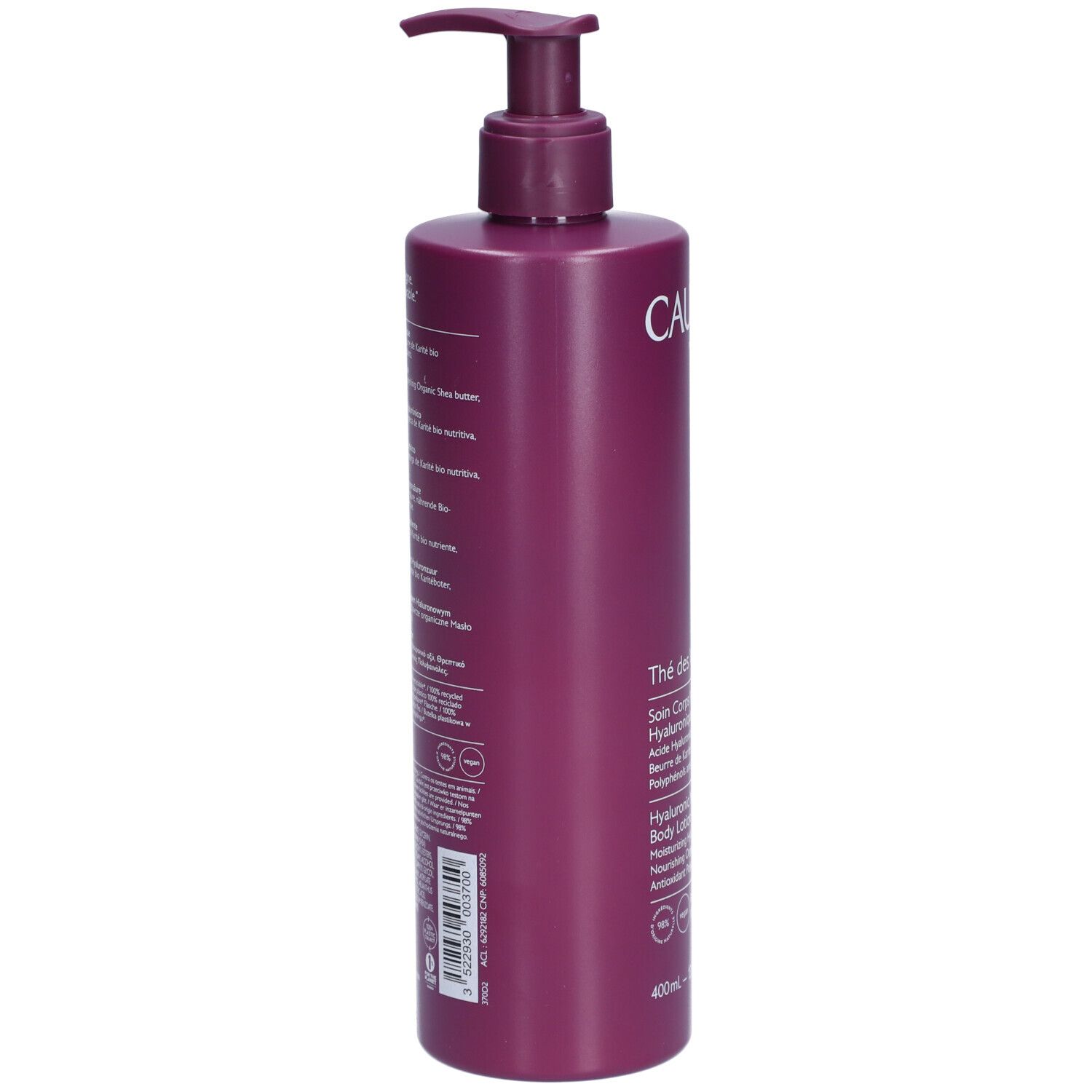 Rückseite der Caudalie Thé des Vignes Bodylotion Flasche. Lila Flasche mit Text in verschiedenen Sprachen. Produktinformationen.