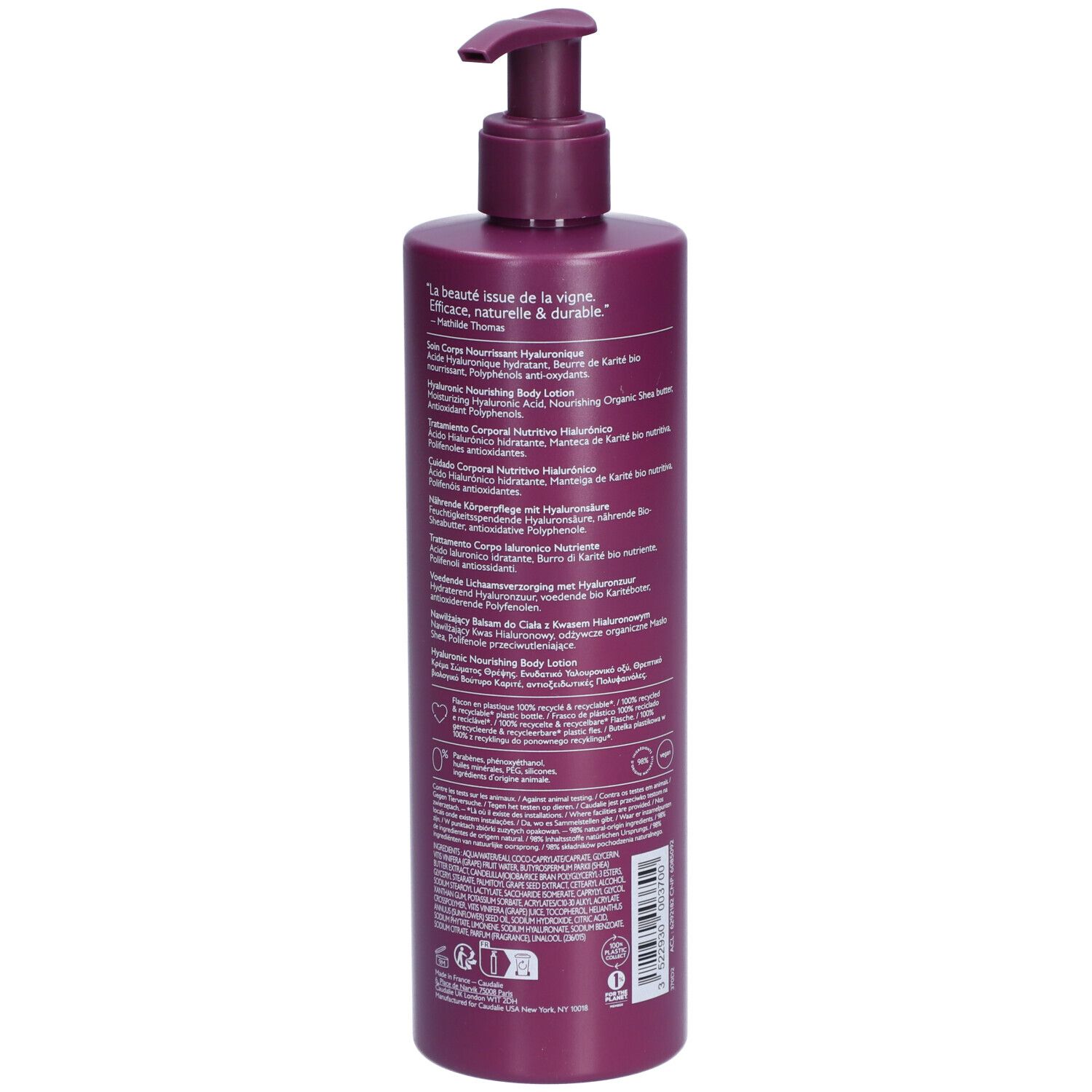 Rückseite der Caudalie Thé des Vignes Bodylotion Flasche. Lila Flasche mit Text in verschiedenen Sprachen. Produktinformationen.