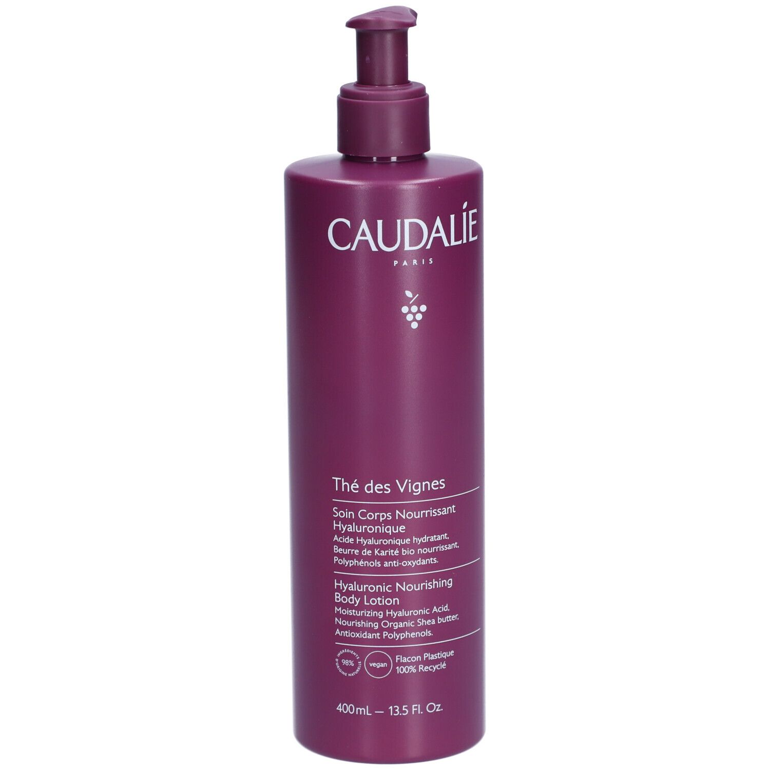 Flasche Caudalie Thé des Vignes Bodylotion mit Pumpe. Lila Flasche mit weißer Schrift. Produktname und Inhaltsstoffe.