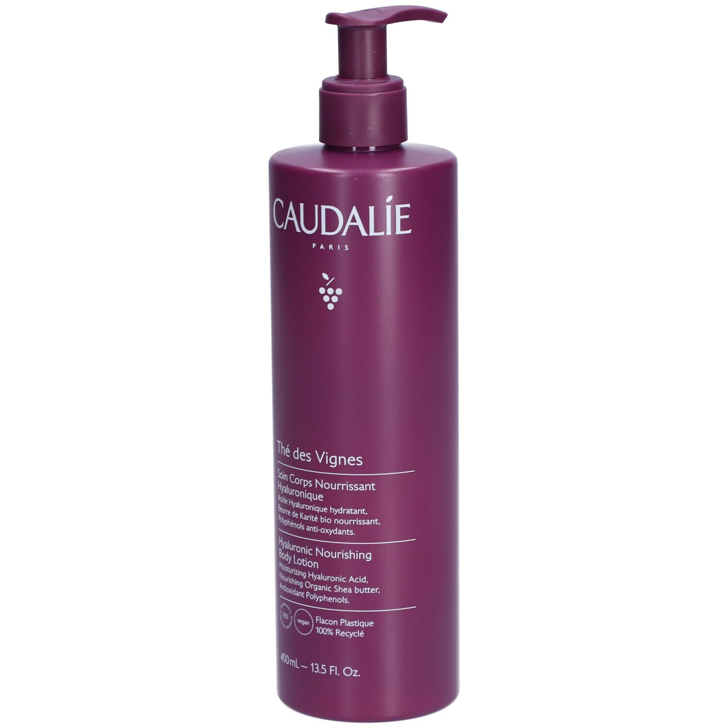 Flasche Caudalie Thé des Vignes Bodylotion mit Pumpe. Lila Flasche mit weißer Schrift. Produktname und Inhaltsstoffe.