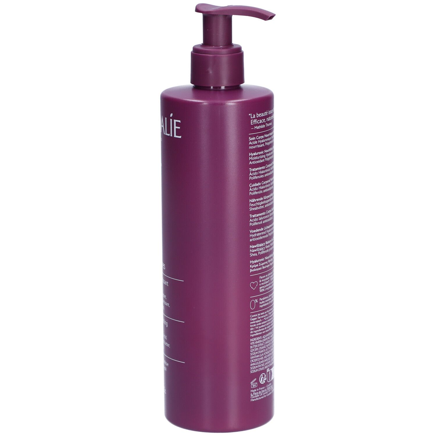 Rückseite der Caudalie Thé des Vignes Bodylotion Flasche. Lila Flasche mit Text in verschiedenen Sprachen. Produktinformationen.