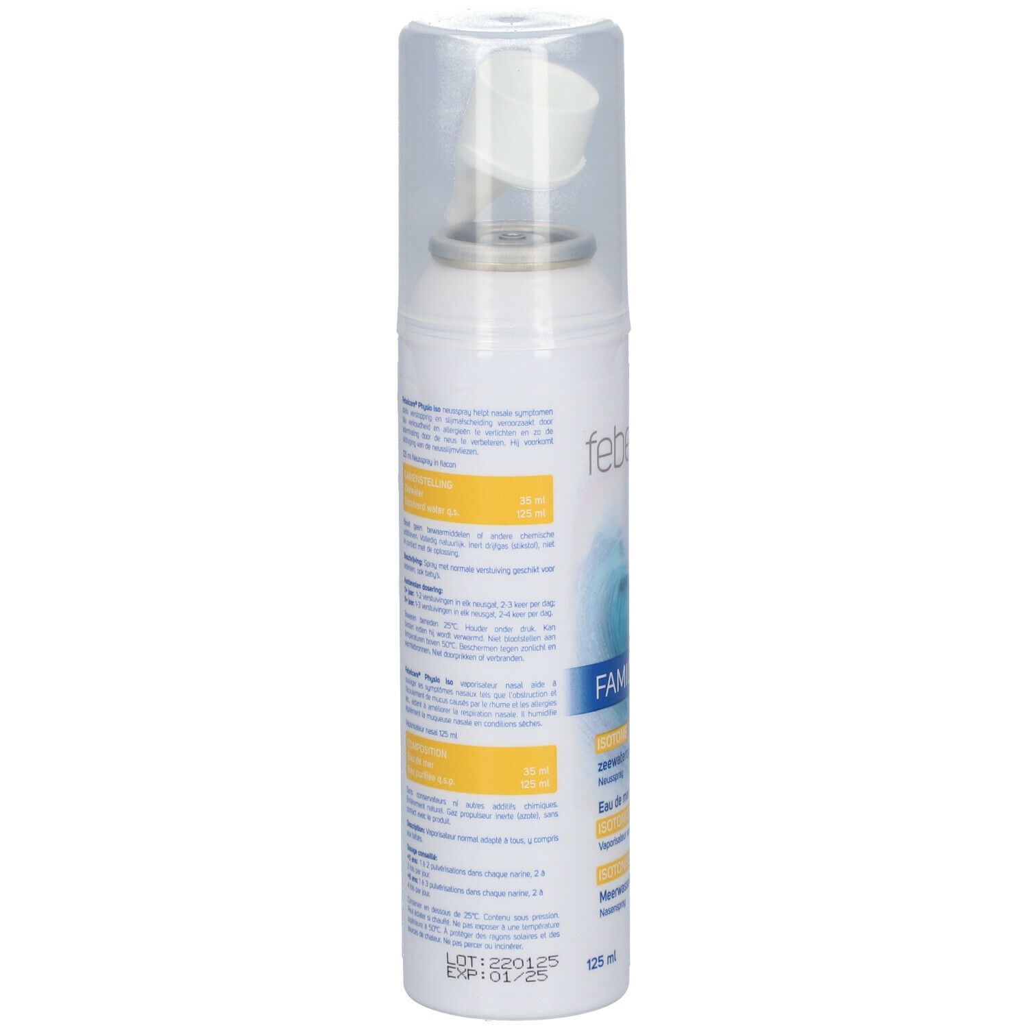 Spray nasal blanc avec texte. Inscription: Febelcare Physio Family. Contient des informations sur les ingrédients et l'utilisation.