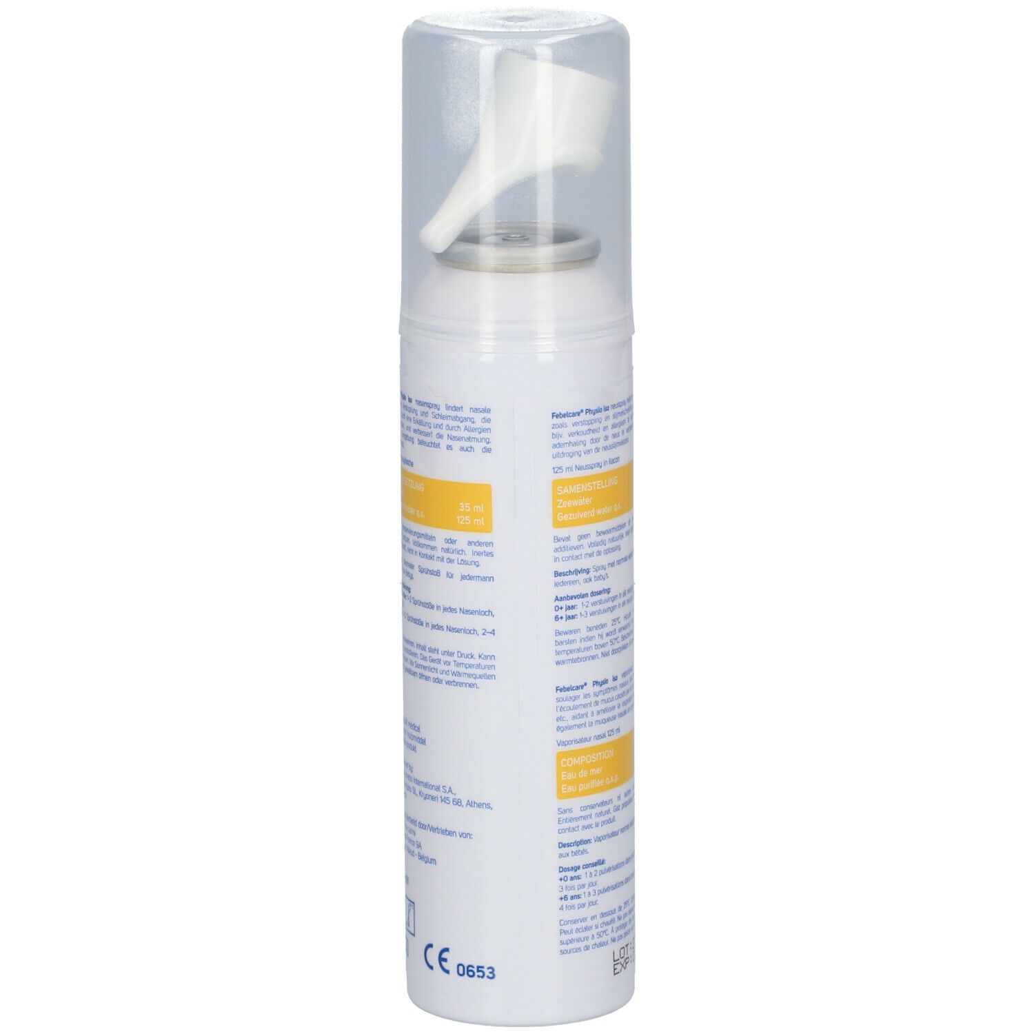Spray nasal blanc avec texte. Inscription: Febelcare Physio Family. Contient des informations sur les ingrédients et l'utilisation.