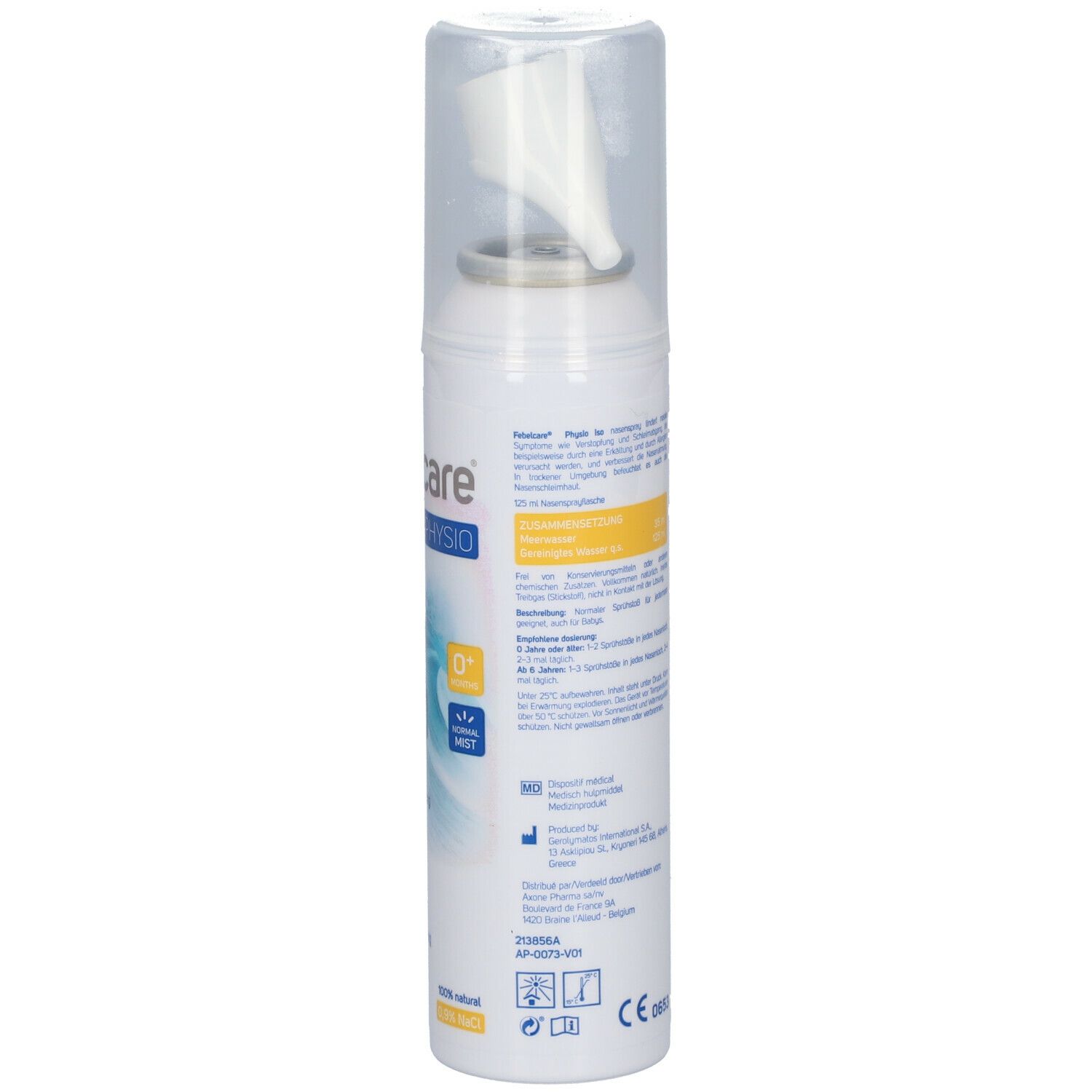 Spray nasal blanc avec texte. Inscription: Febelcare Physio Family. Contient des informations sur les ingrédients et l'utilisation.