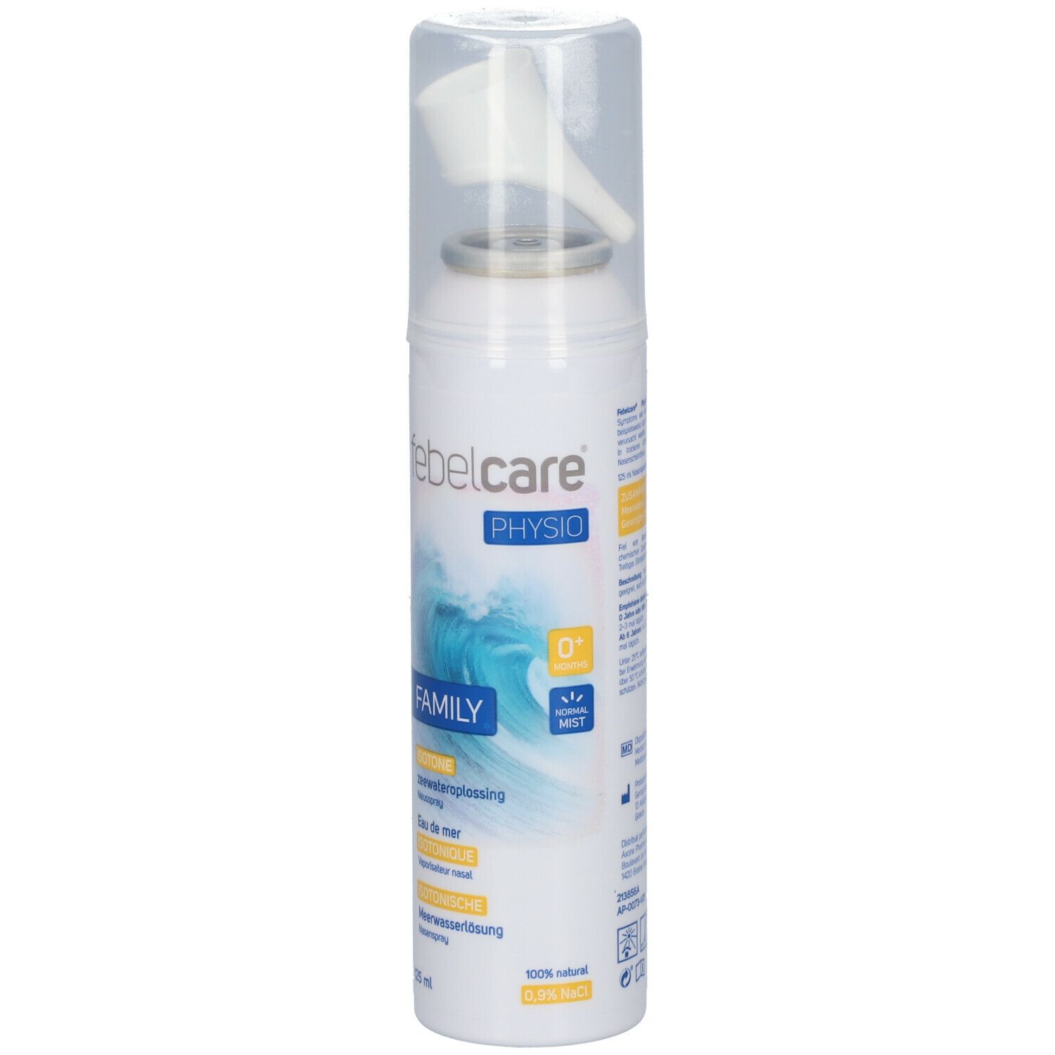 Spray nasal blanc avec motif de vagues bleues. Avec embout et capuchon transparent. Inscription: Febelcare Physio Family.