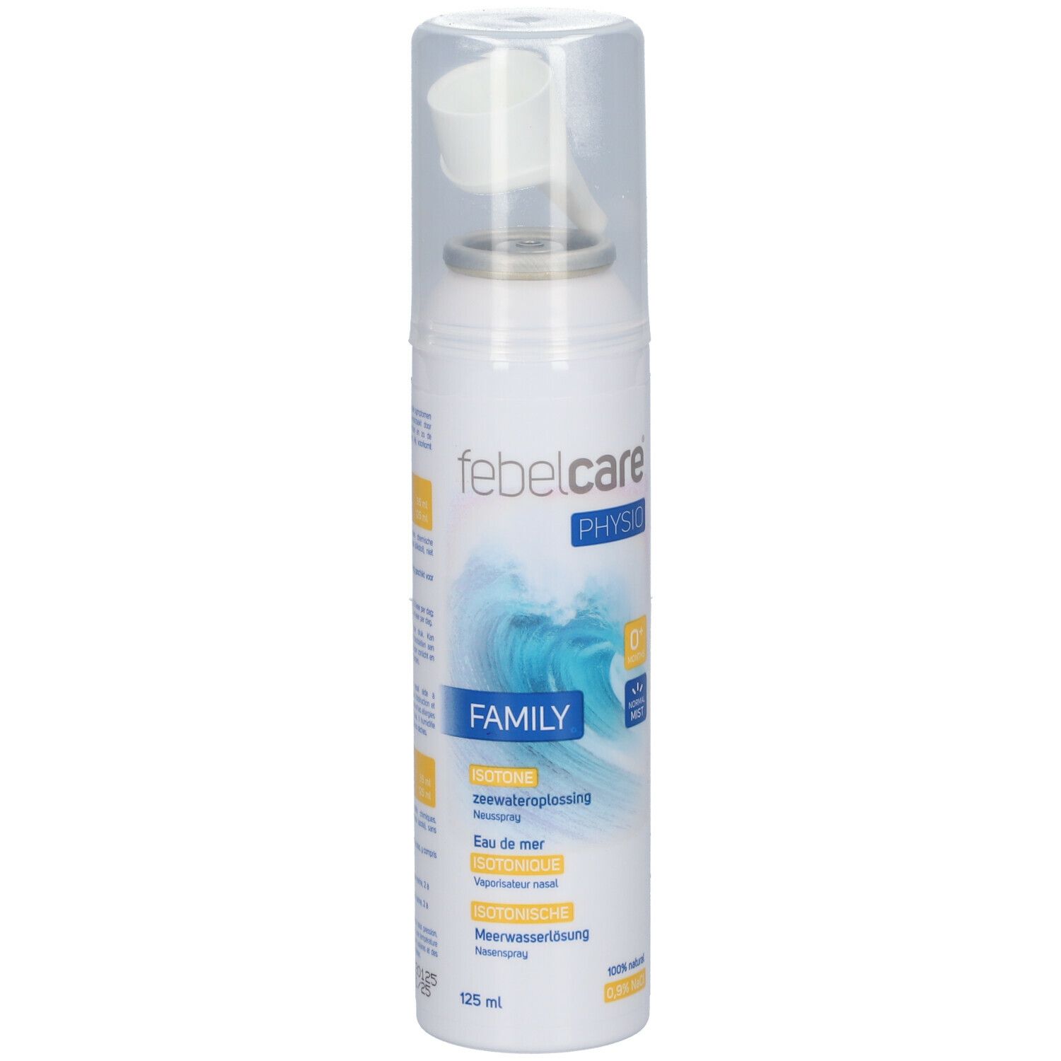 Spray nasal blanc avec motif de vagues bleues. Avec embout et capuchon transparent. Inscription: Febelcare Physio Family.