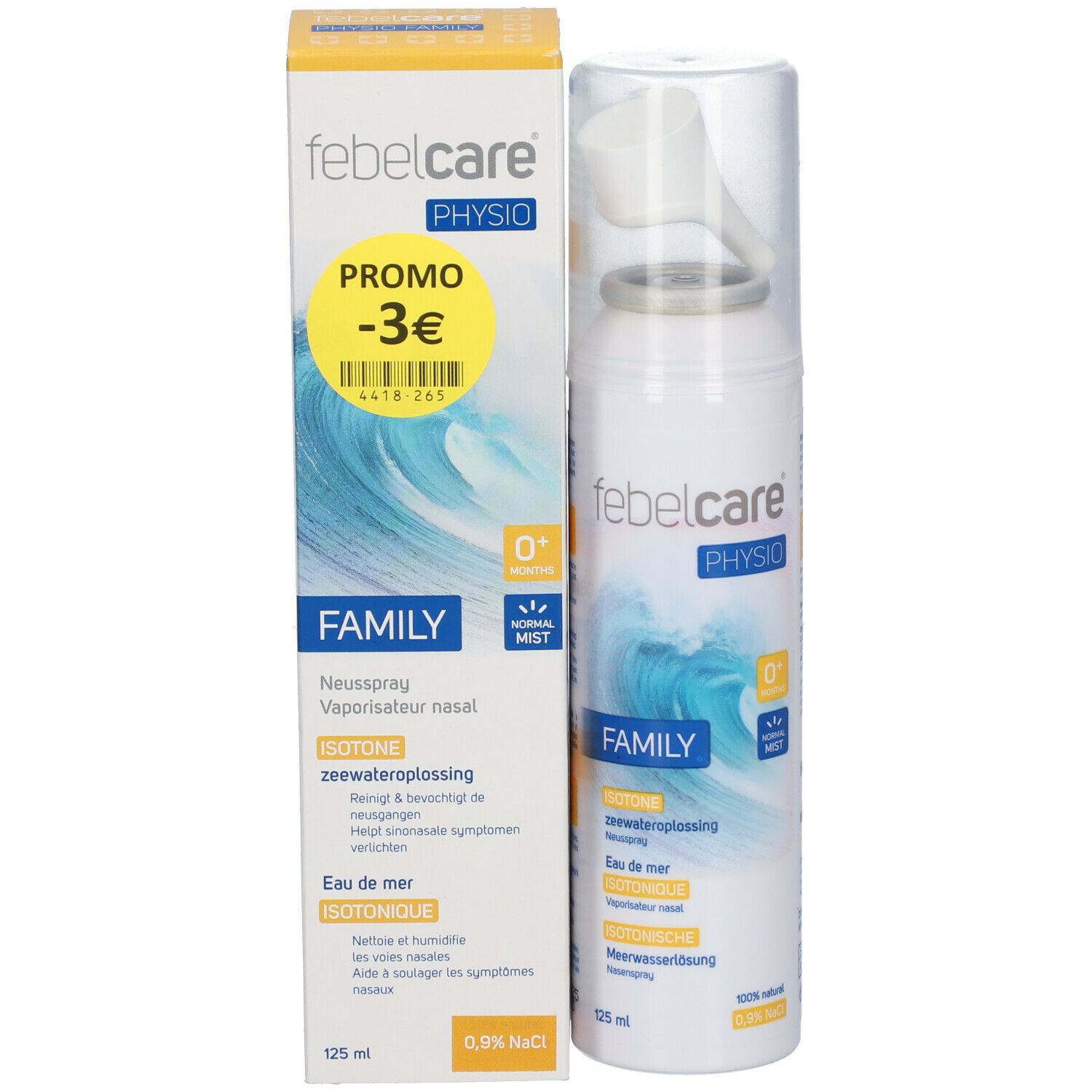 Emballage du produit avec spray nasal et carton. Inscription: Febelcare Physio Family. Autocollant promo jaune avec -3€.