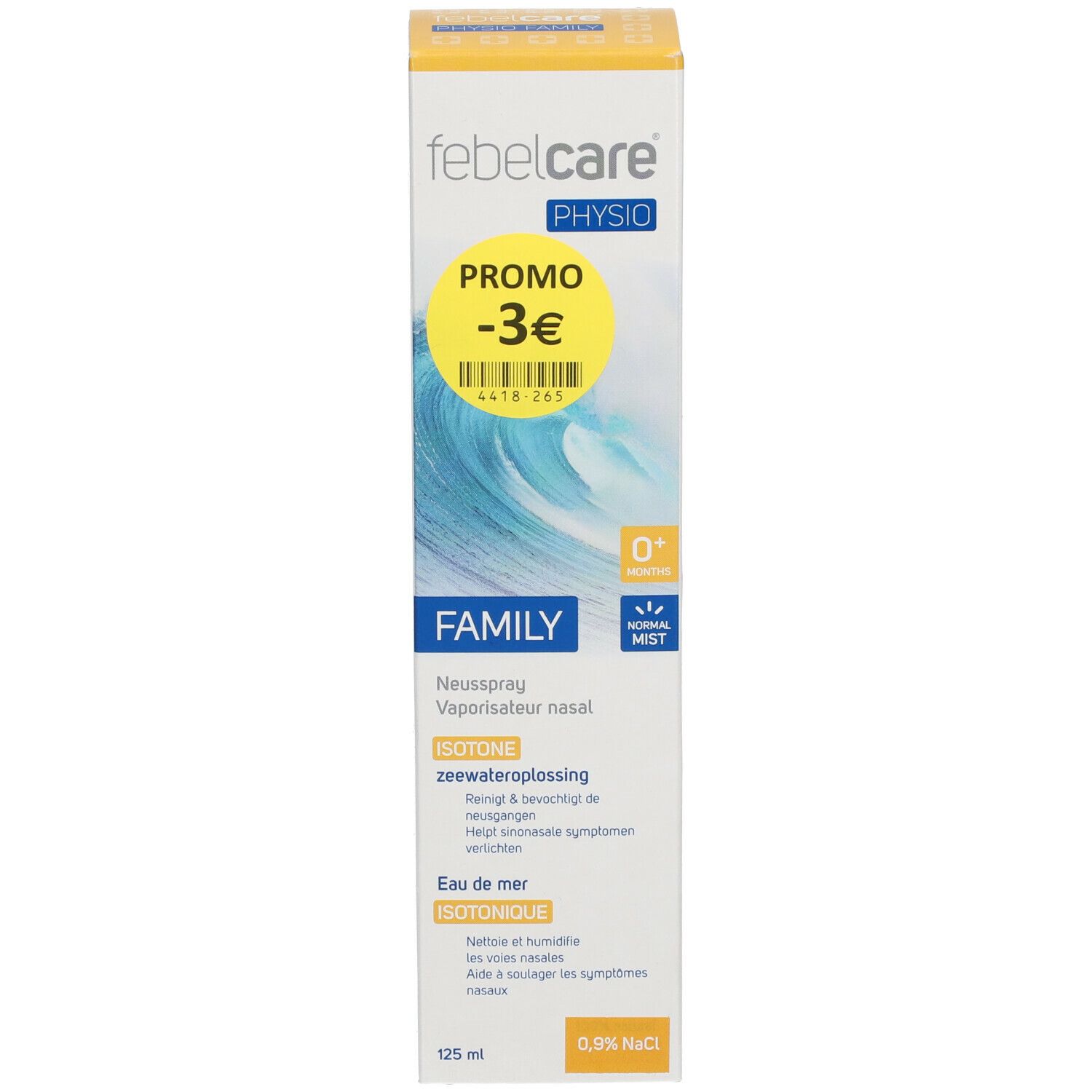 Emballage du produit avec spray nasal et carton. Inscription: Febelcare Physio Family. Autocollant promo jaune avec -3€.