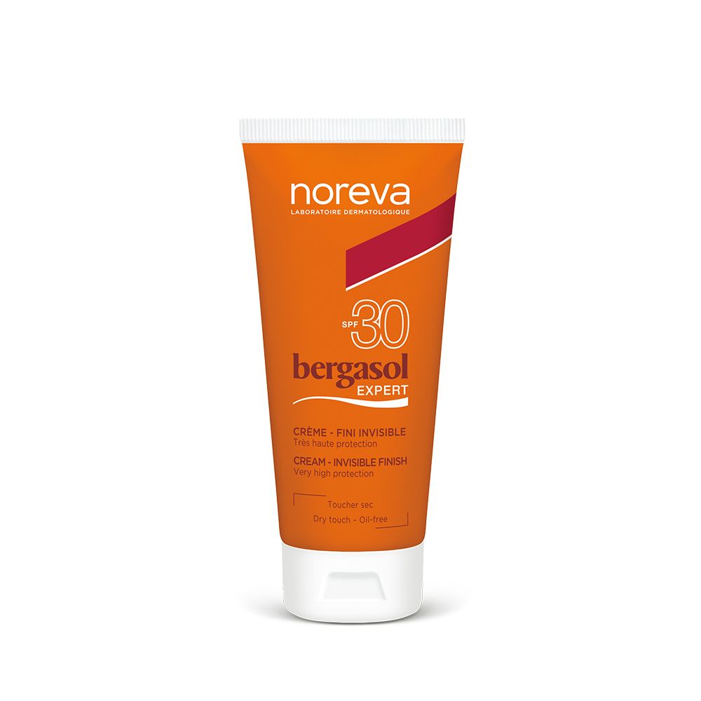 Orange Tube mit weißem Deckel. Aufschrift: noreva, bergasol EXPERT, SPF 30. Creme-Finish.