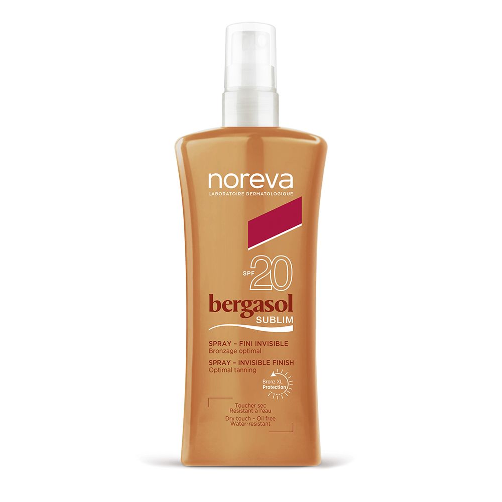 Bruiningsspray met SPF 20. Fles met verstuiver. Tekst: noreva, bergasol sublim, SPF 20. Invisible Finish. Optimale bruining.