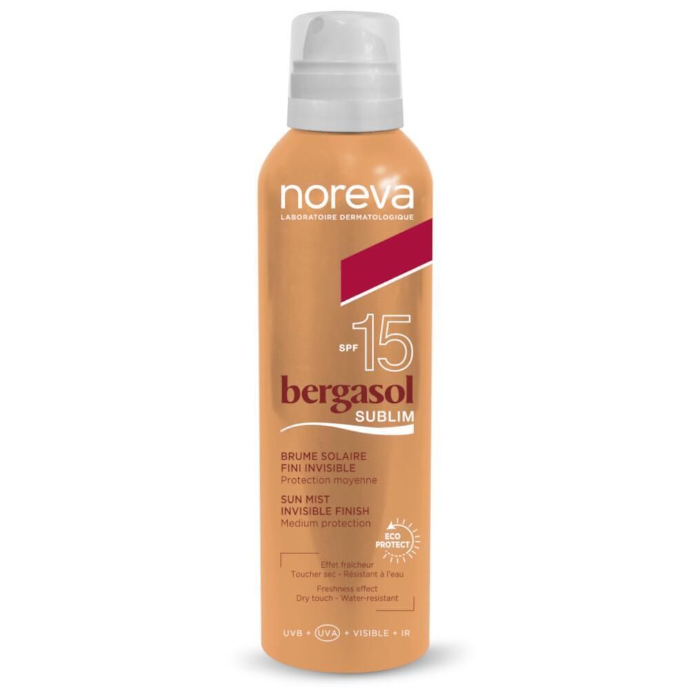 Spray brume solaire avec tête blanche. Inscriptions: noreva, Bergasol SUBLIM, SPF15. Certification Eco.