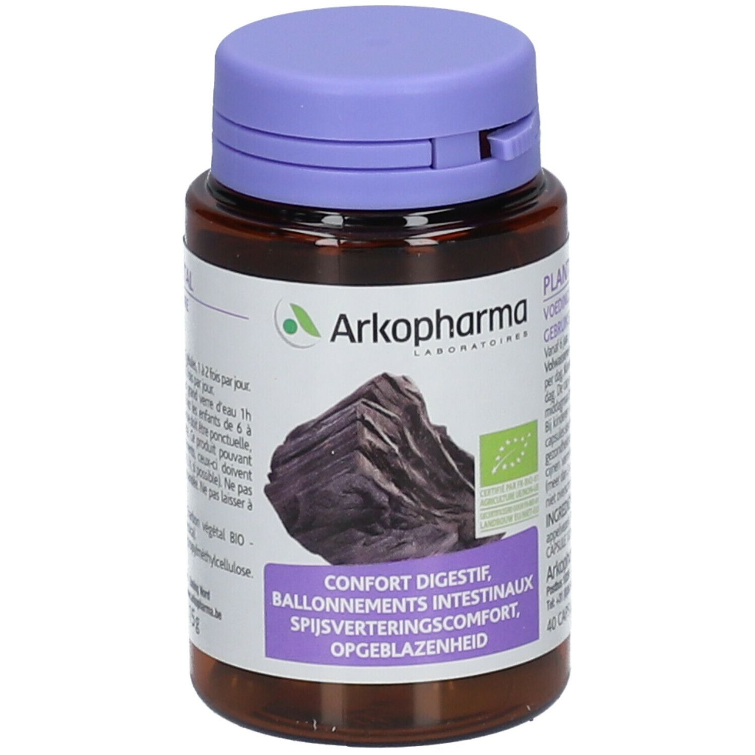 Flacon marron, bouchon violet. Inscription: Arkopharma, charbon végétal. Label bio.