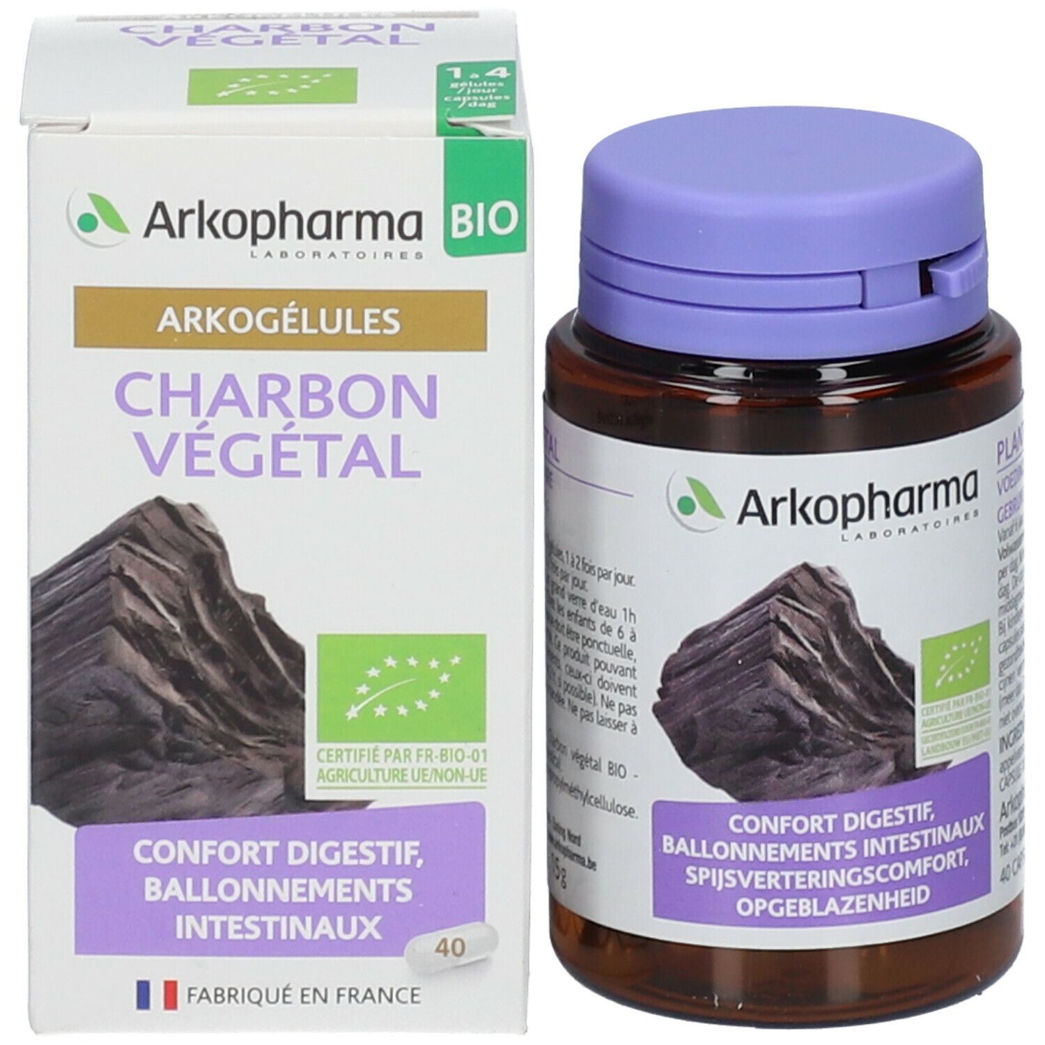 Emballage et flacon. Emballage: Arkogélules, Charbon Végétal. Flacon: Arkopharma.