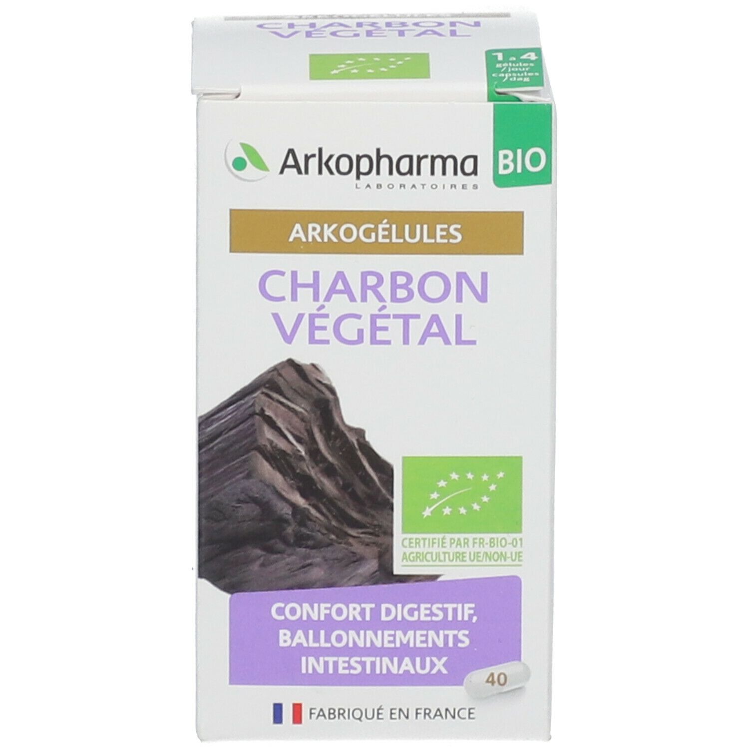 Emballage. Inscription: Arkogélules, Charbon Végétal. Label bio.