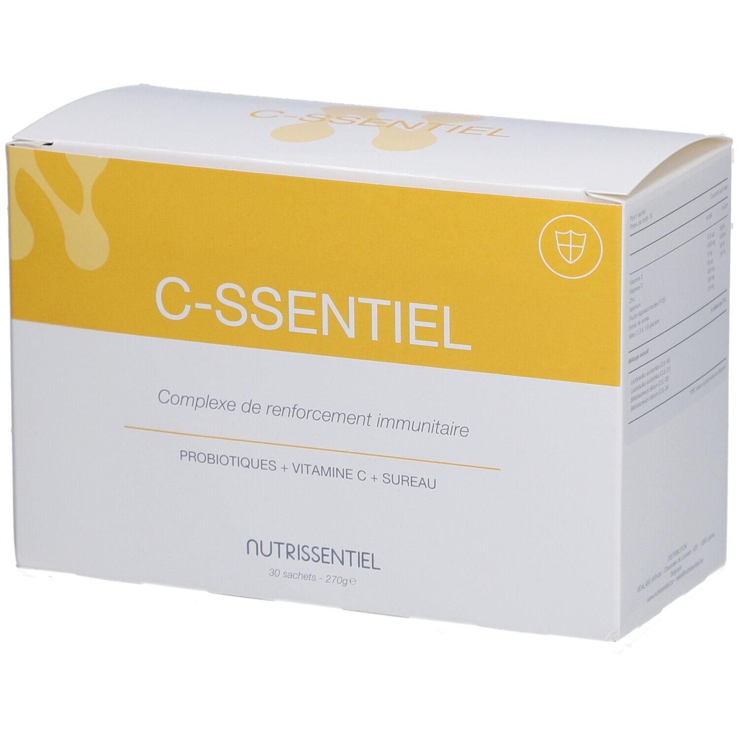 Witte doos met geel vlak. Opschrift: C-ssentiel, Complexe de renforcement immunitaire, Nutriessentiel. 30 sachets.