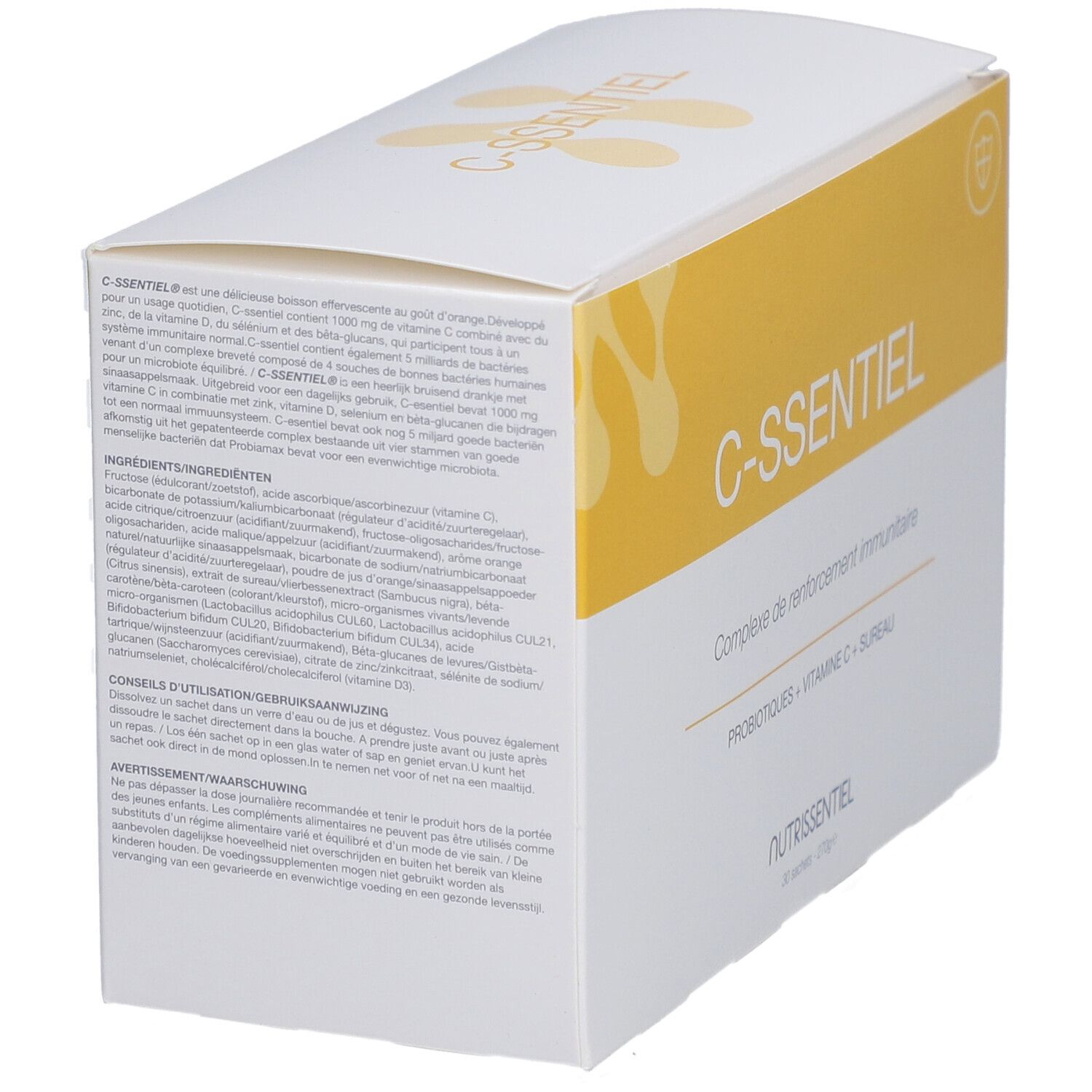 Schuine weergave van een witte doos met geel vlak. Opschrift: C-ssentiel, Nutriessentiel. Tekst in het Frans en Nederlands.