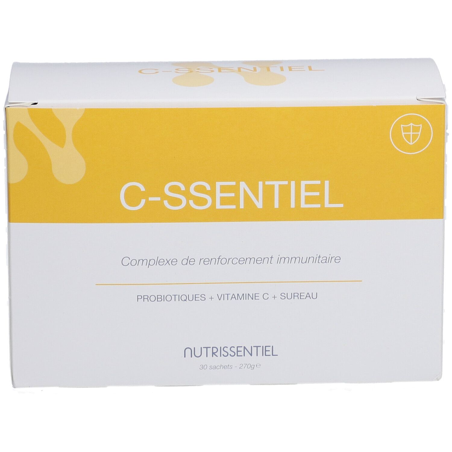 Witte doos met geel vlak. Opschrift: C-ssentiel, Complexe de renforcement immunitaire, Nutriessentiel. 30 sachets.
