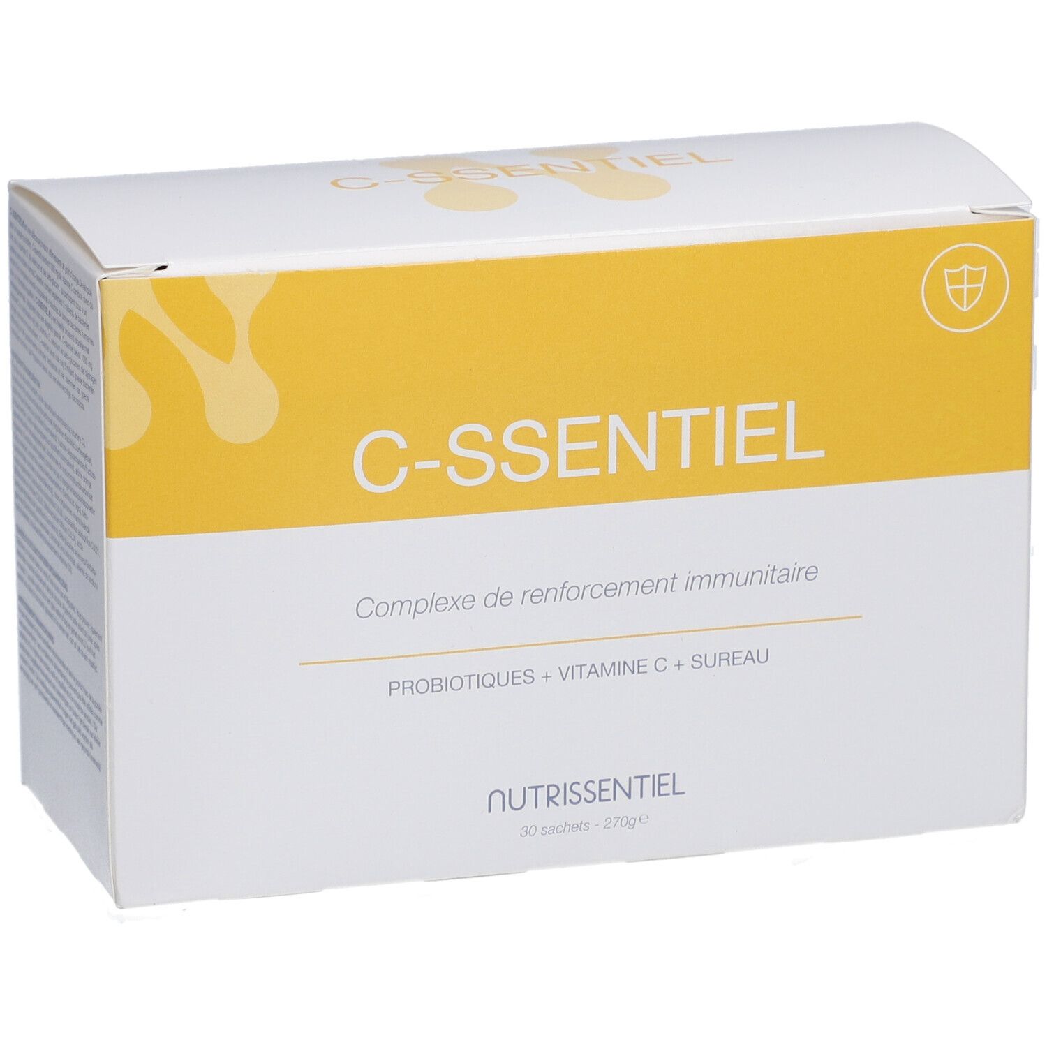 Witte doos met geel vlak. Opschrift: C-ssentiel, Complexe de renforcement immunitaire, Nutriessentiel. 30 sachets.