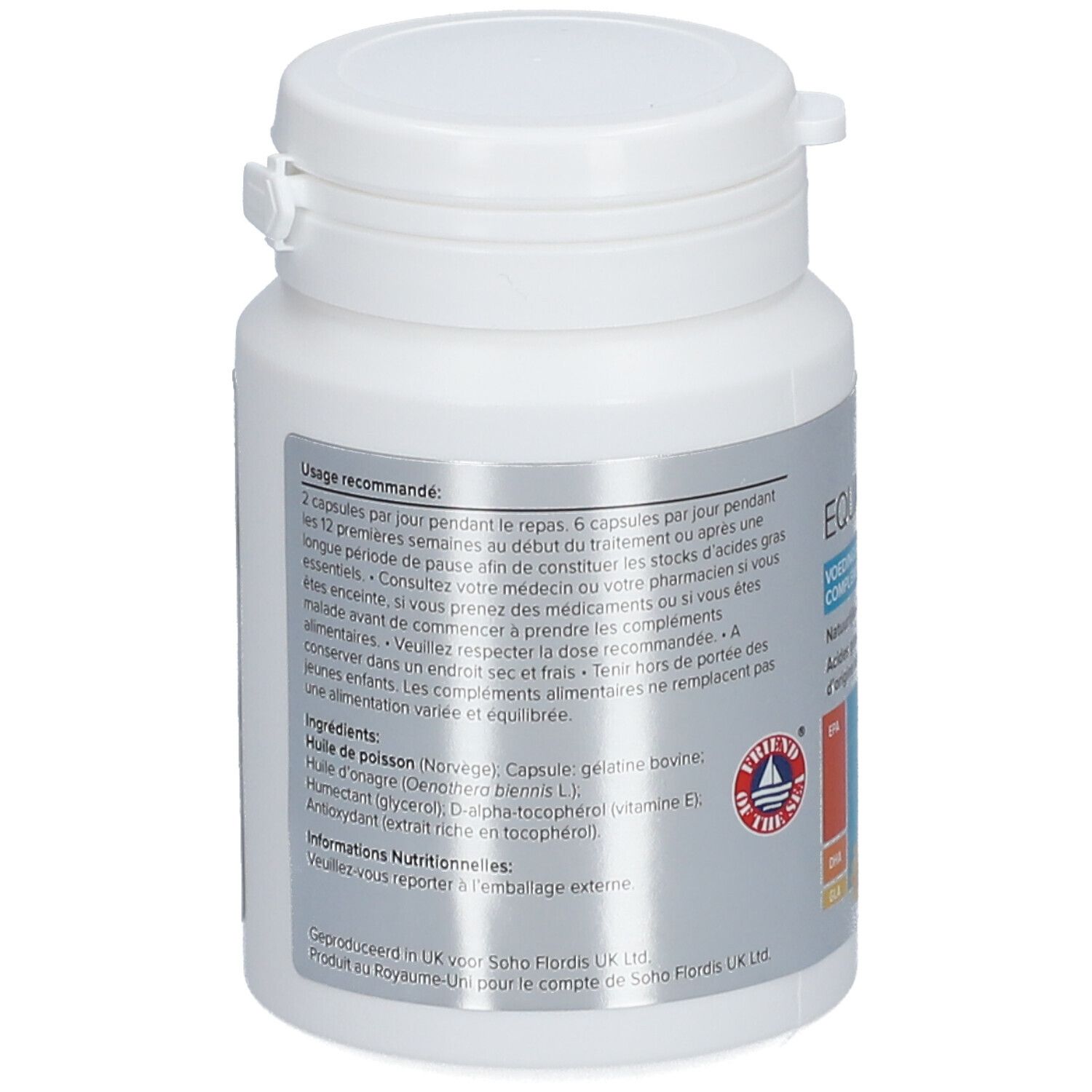 Rückseite der weißen Flasche EQUAZEN capsules. Text: Empfohlene Anwendung, Inhaltsstoffe, Nährwertangaben.
