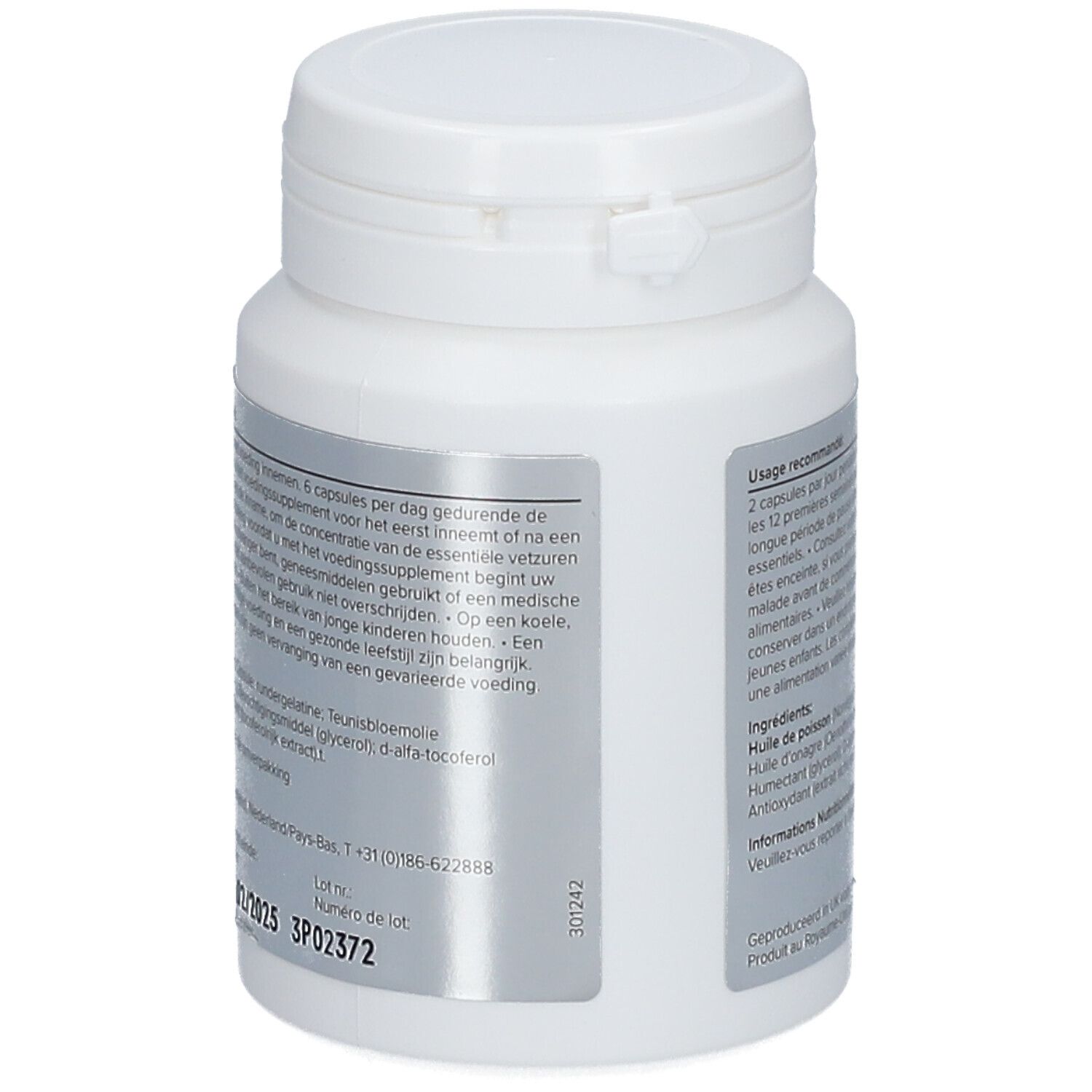 Rückseite der weißen Flasche EQUAZEN capsules. Text: Empfohlene Anwendung, Inhaltsstoffe, Nährwertangaben.