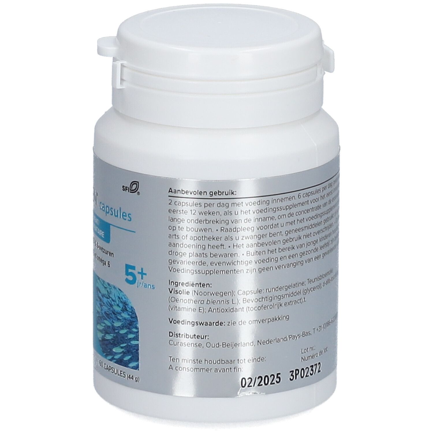 Rückseite der weißen Flasche EQUAZEN capsules. Text: Empfohlene Anwendung, Inhaltsstoffe, Nährwertangaben.
