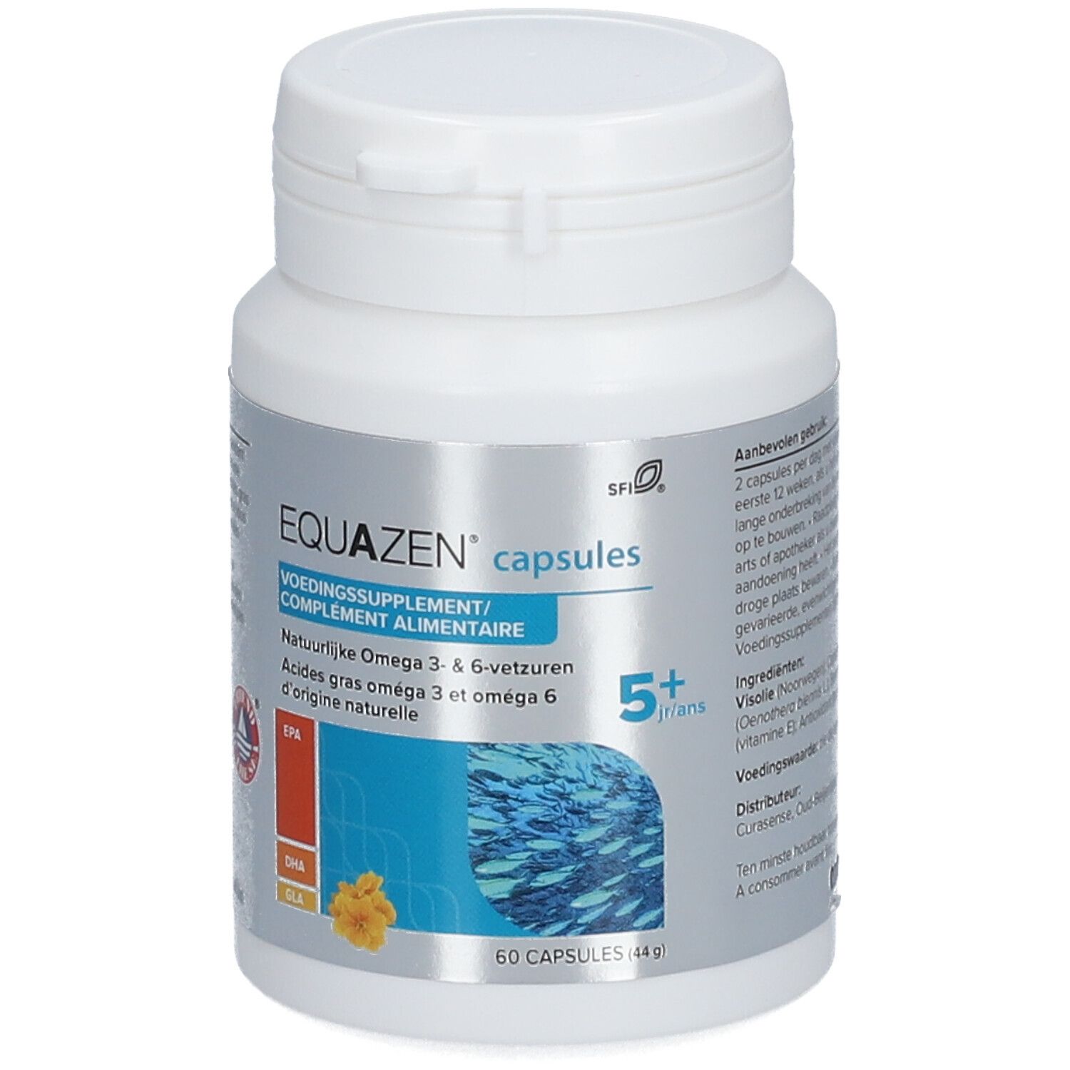 Weiße Flasche mit EQUAZEN capsules. Enthält 60 Kapseln. Aufschrift: Natürliche Omega 3- & 6-Fettsäuren.