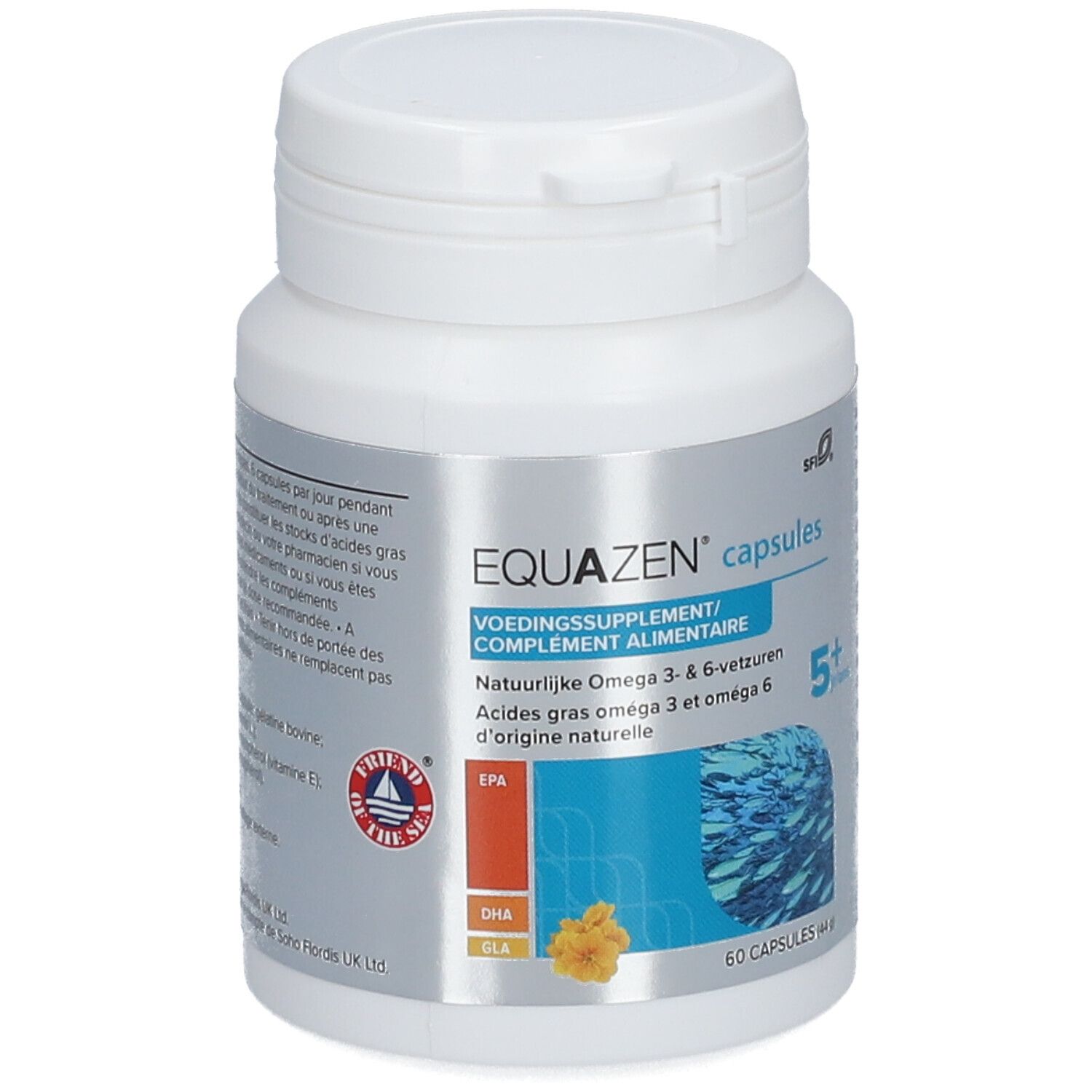 Weiße Flasche mit EQUAZEN capsules. Enthält 60 Kapseln. Aufschrift: Natürliche Omega 3- & 6-Fettsäuren.