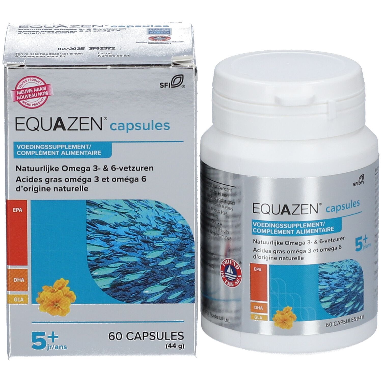 EQUAZEN capsules Flasche und Schachtel. Enthält 60 Kapseln. Aufschrift: Natürliche Omega 3- & 6-Fettsäuren.