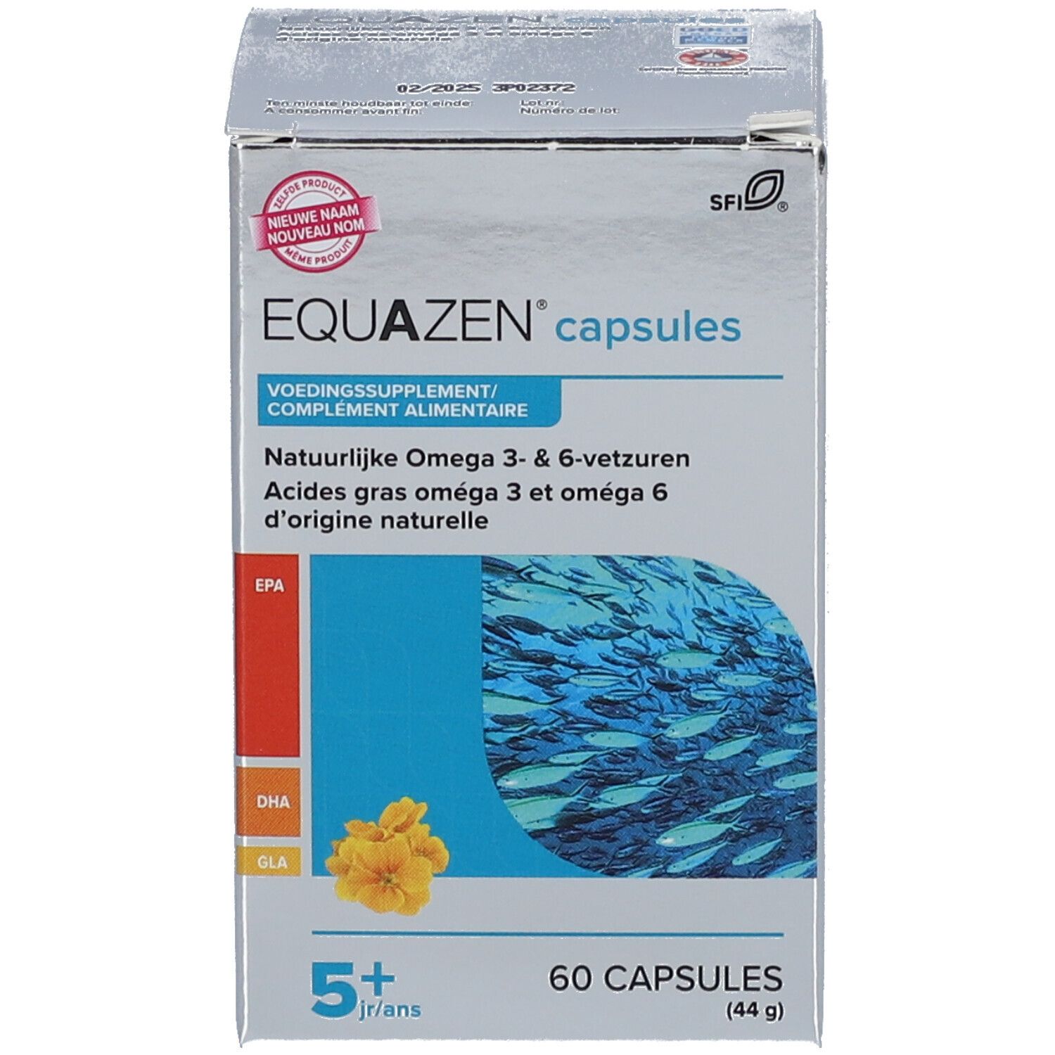 Schachtel EQUAZEN capsules. Enthält 60 Kapseln. Aufschrift: Natürliche Omega 3- & 6-Fettsäuren.