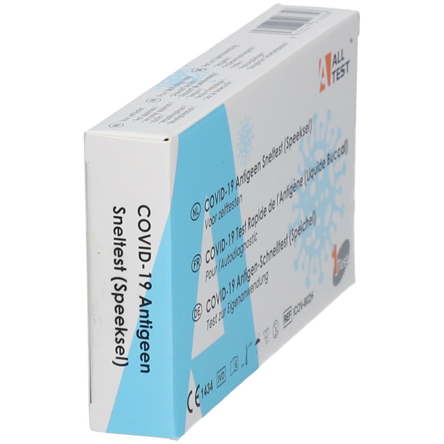 Doosje COVID-19 antigeen sneltest. Opschrift: ALL TEST, CE-markering, 1 test.