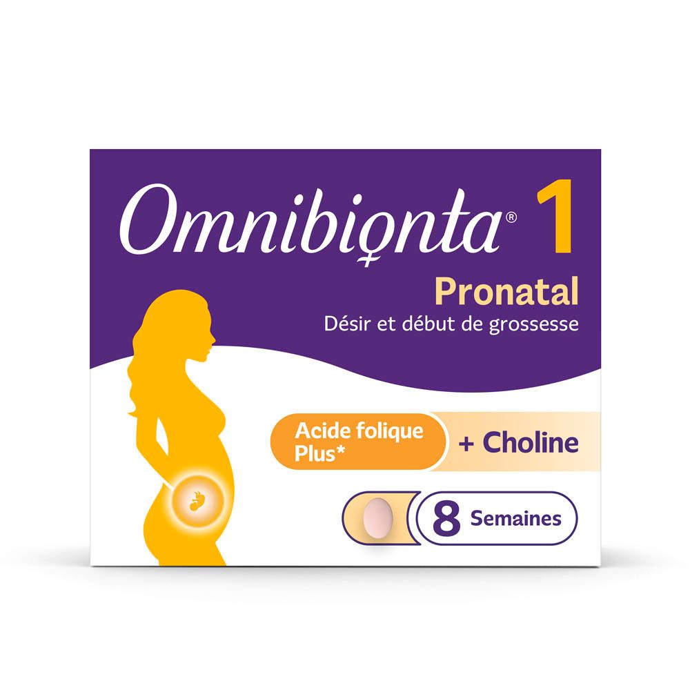 Boîte Omnibionta 1. Violet, avec nom du produit, silhouette et comprimés.