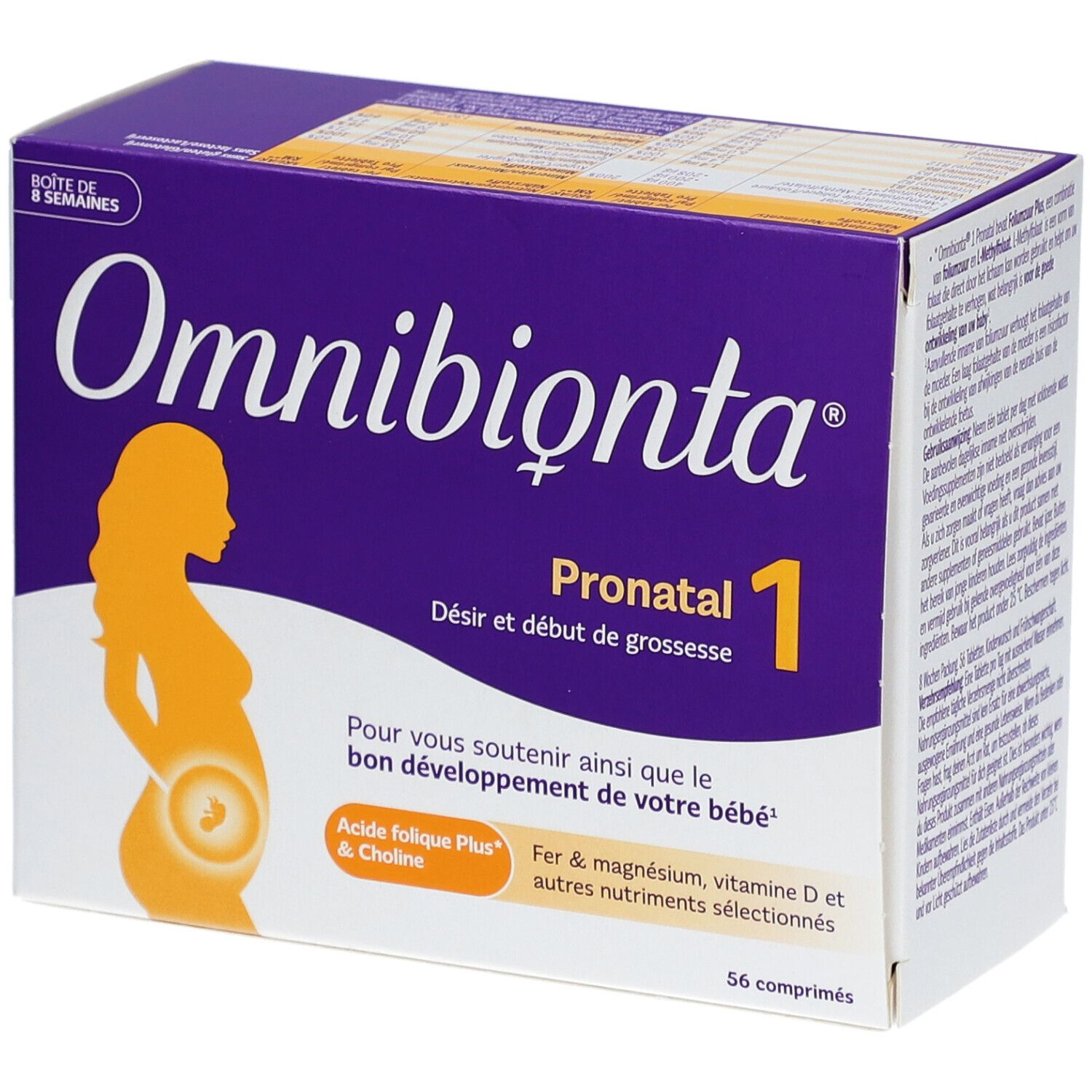 Boîte Omnibionta Pronatal 1. Violet, avec nom du produit et silhouette de femme enceinte.