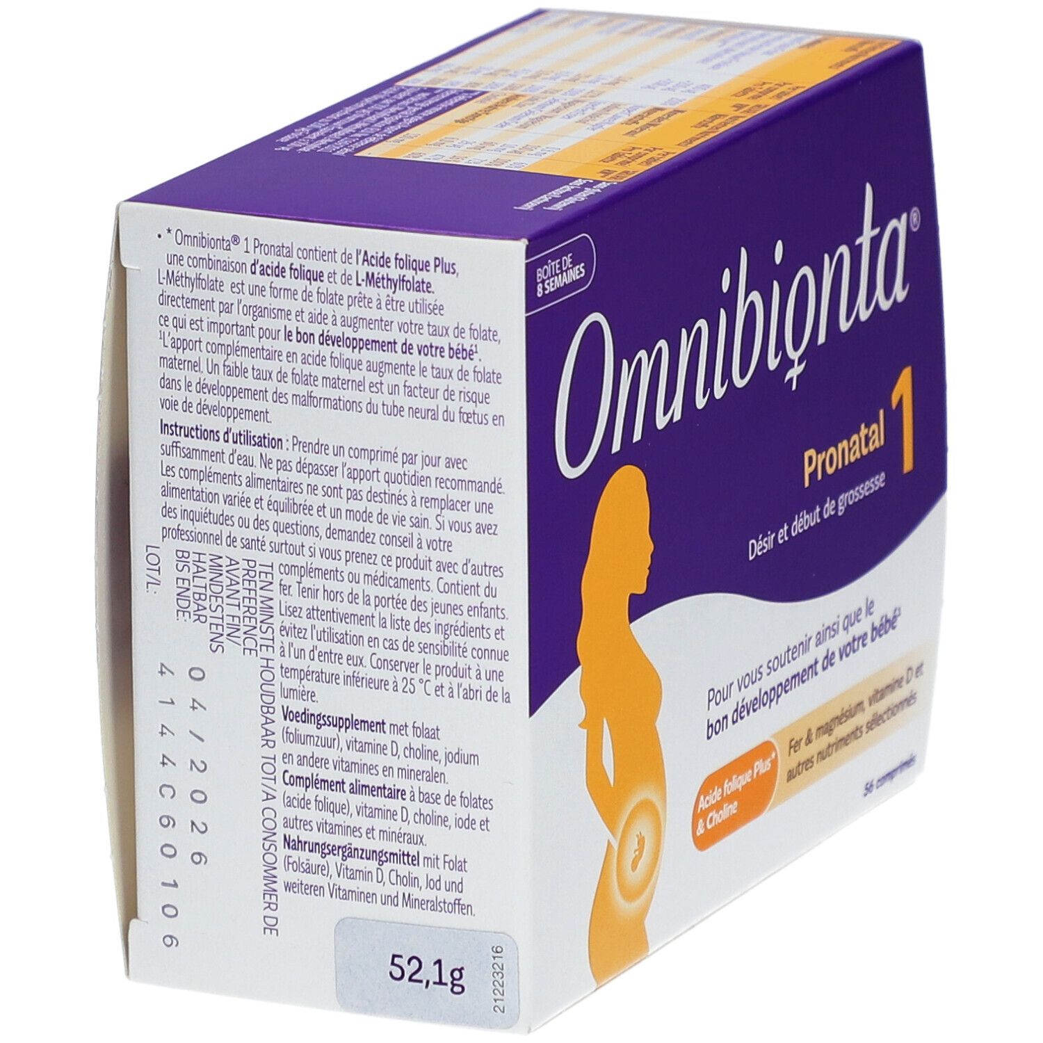 Boîte Omnibionta Pronatal 1. Violet, avec informations produit et silhouette de femme enceinte.