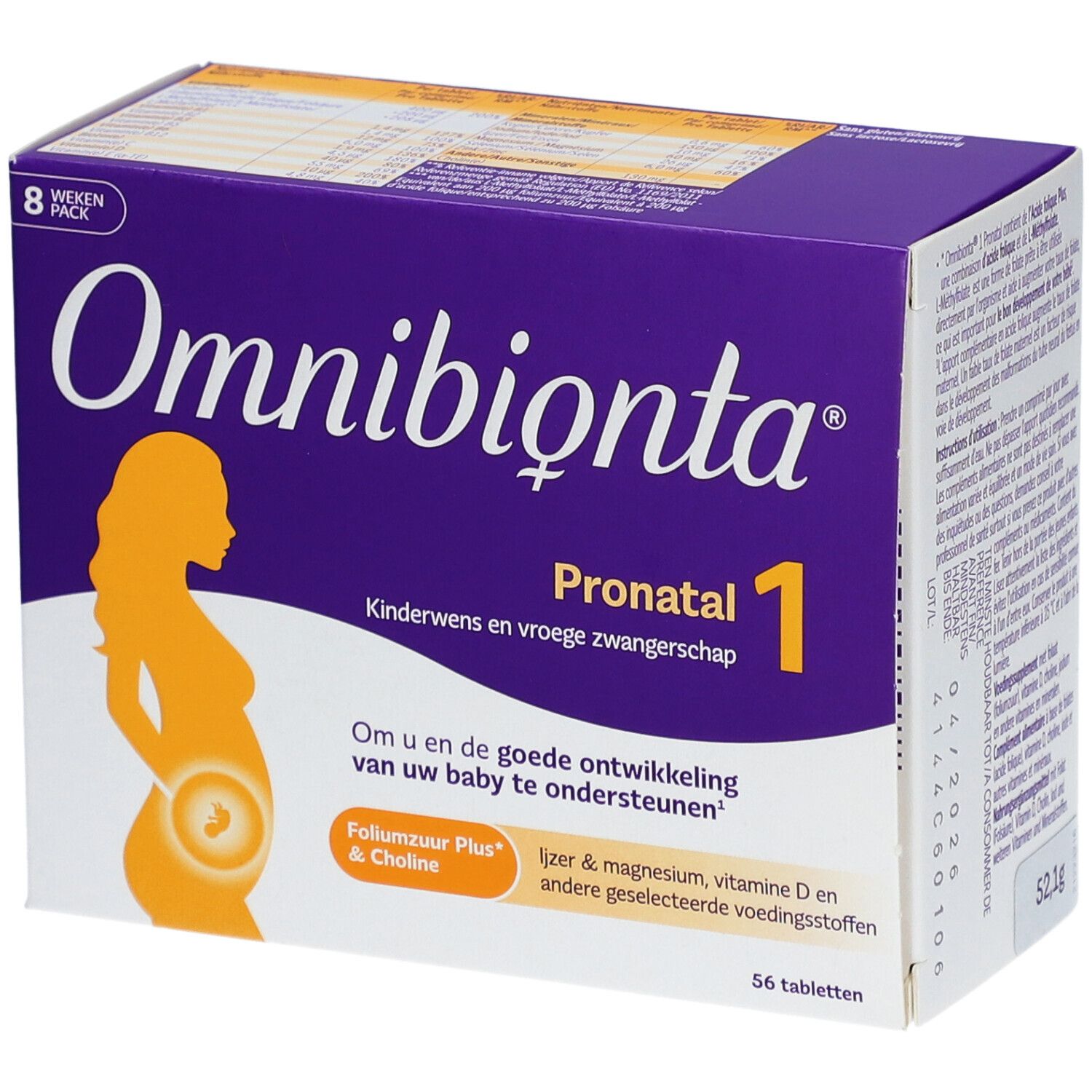Boîte Omnibionta Pronatal 1. Violet, avec nom du produit et silhouette de femme enceinte.