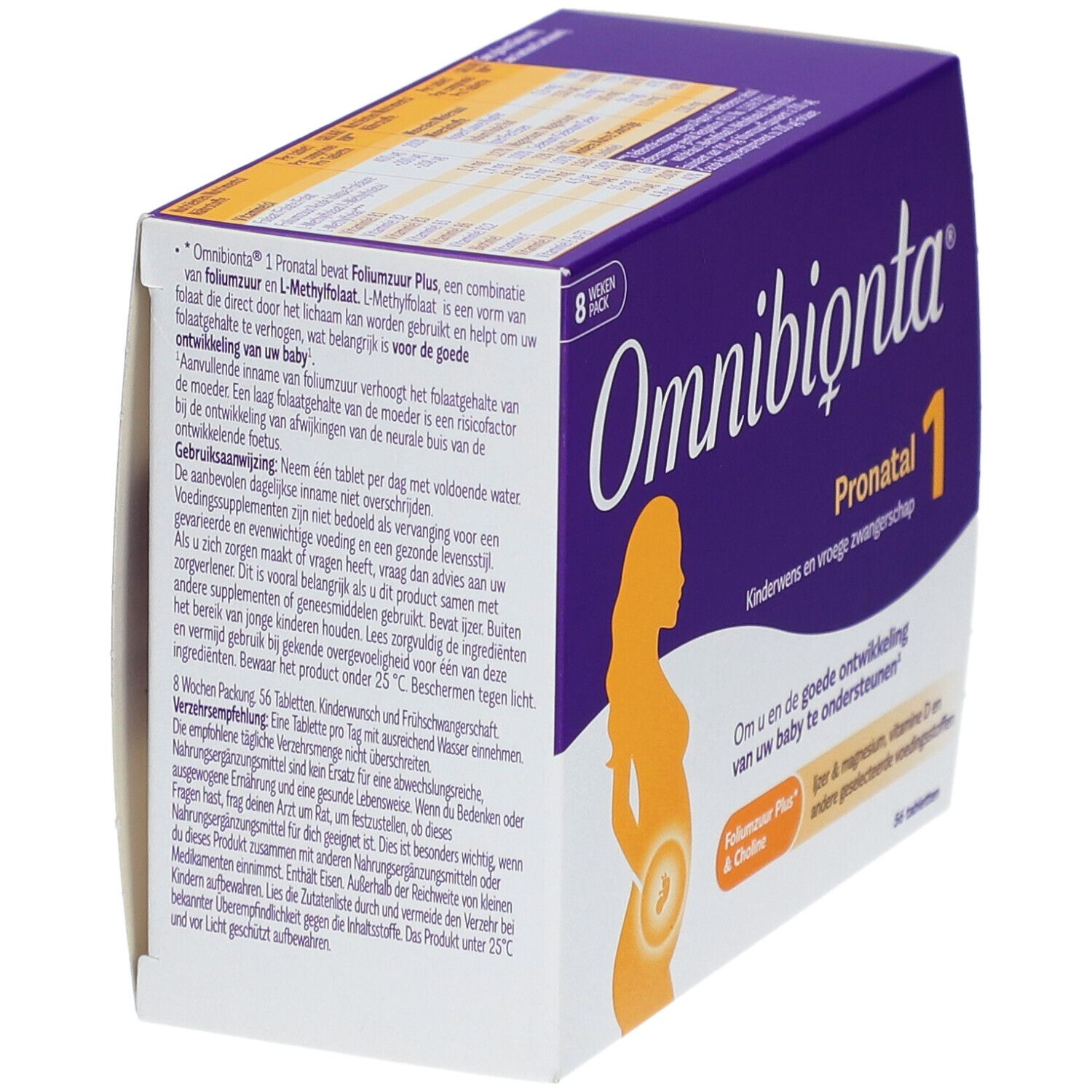 Boîte Omnibionta Pronatal 1. Violet, avec informations produit et silhouette de femme enceinte.