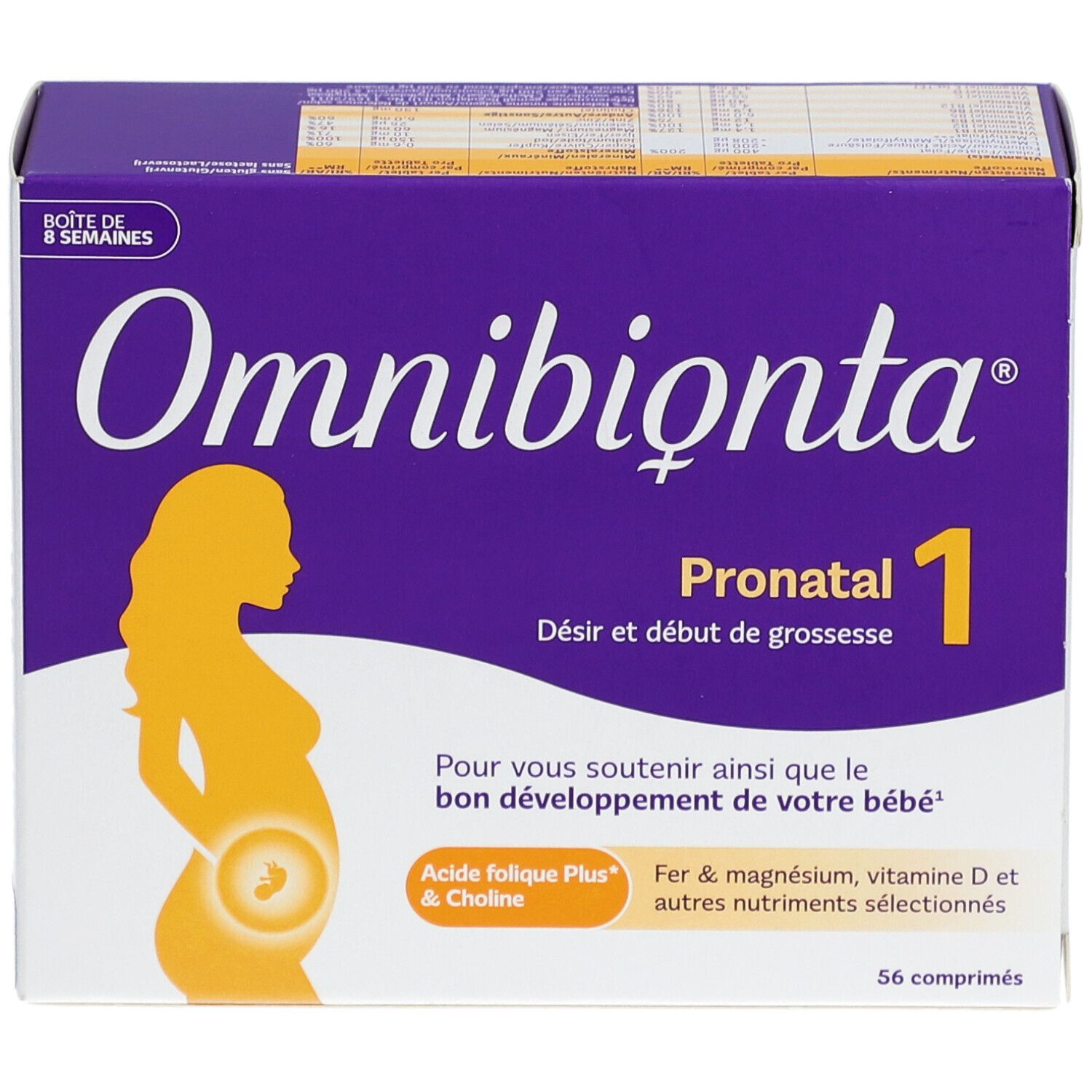 Boîte Omnibionta Pronatal 1. Violet, avec nom du produit et silhouette de femme enceinte.