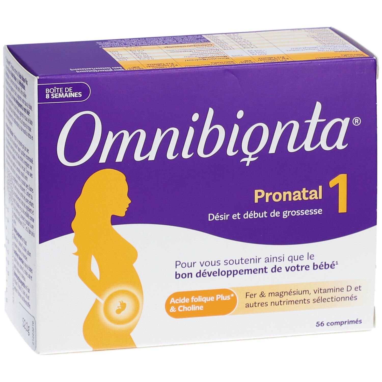 Boîte Omnibionta Pronatal 1. Violet, avec nom du produit et silhouette de femme enceinte.