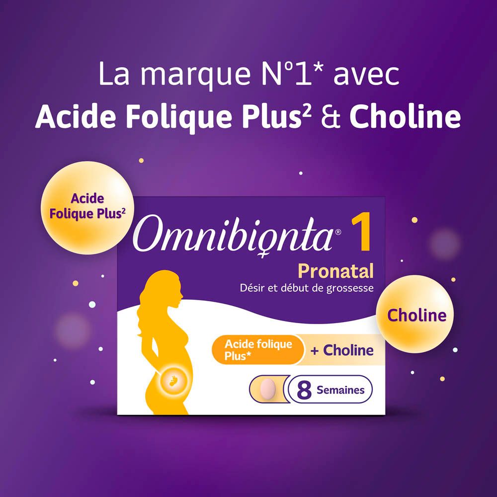 Publicité avec Omnibionta 1. Arrière-plan violet, produit et texte.