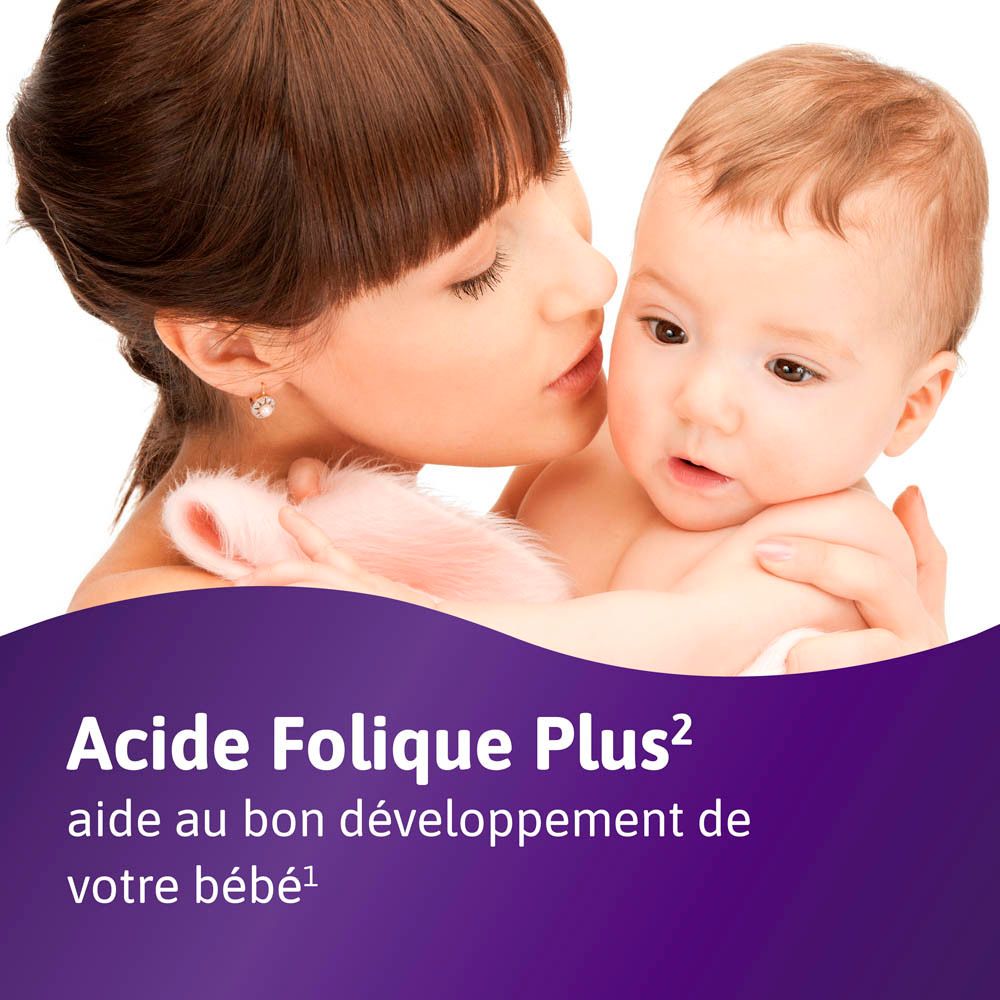 Mère et bébé. Arrière-plan violet avec texte sur l'acide folique Plus.