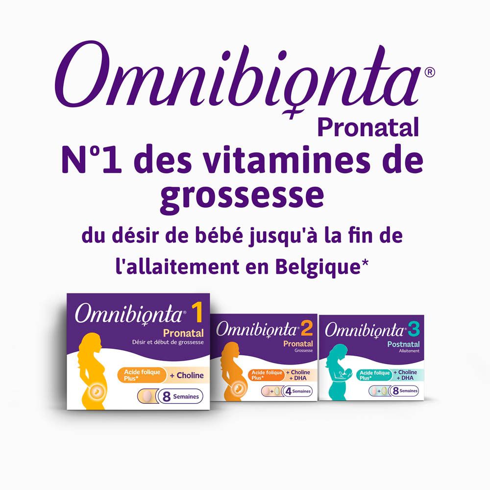 Boîte Omnibionta Pronatal 1. Violet, avec nom du produit et silhouette de femme enceinte.