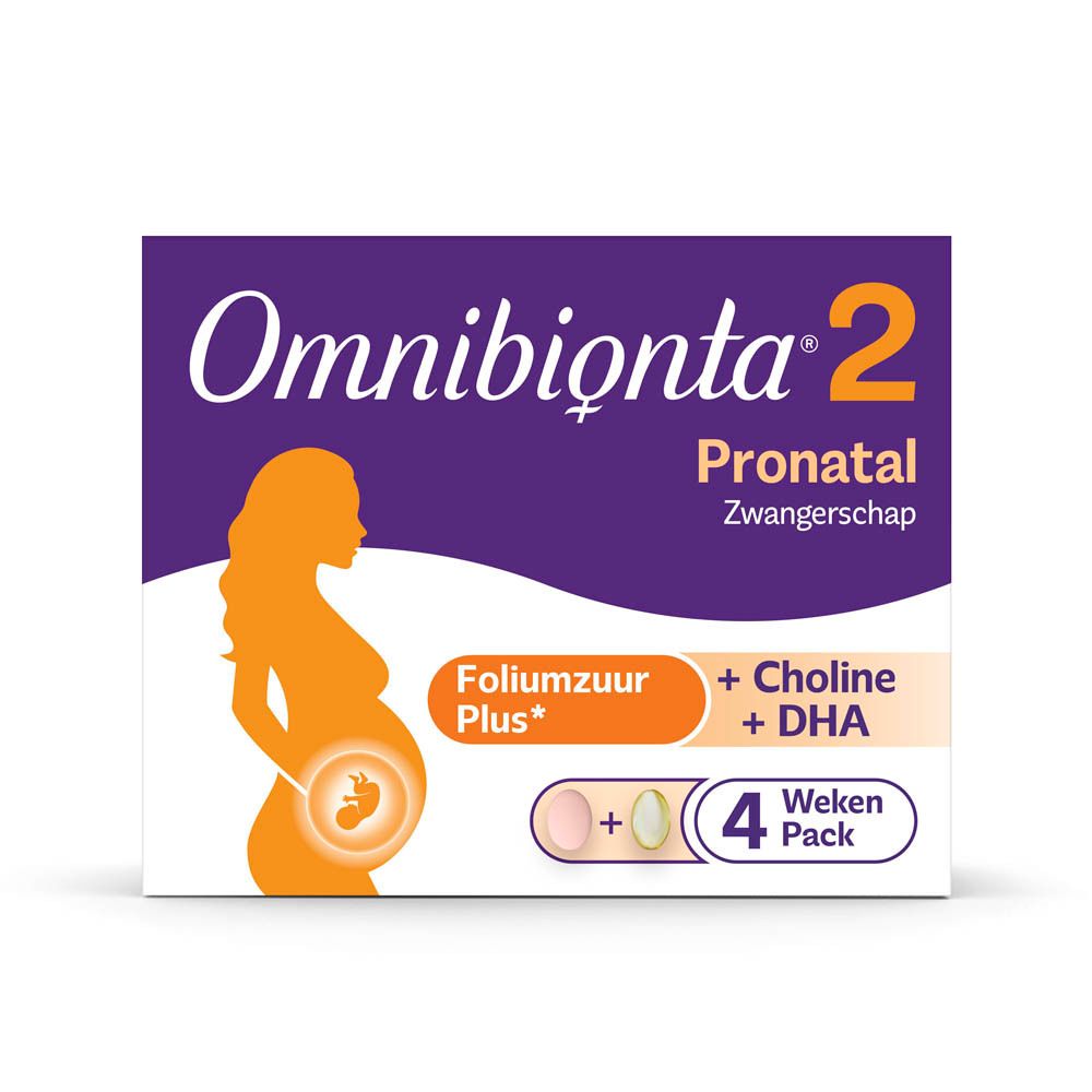Omnibionta 2 doos. Zwangere vrouw silhouet. 28 tabletten en capsules. Productinformatie op de verpakking.