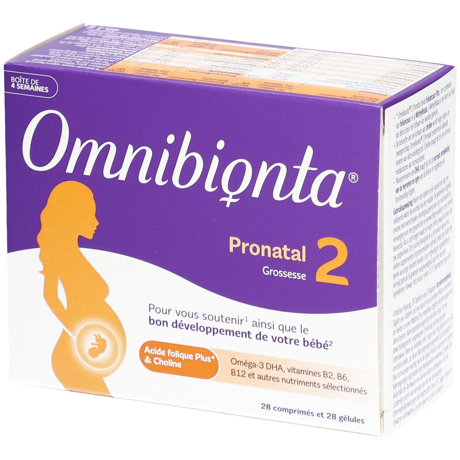 Omnibionta Pronatal 2 doos. Zwangere vrouw silhouet. 28 tabletten en capsules. Productinformatie op de verpakking.