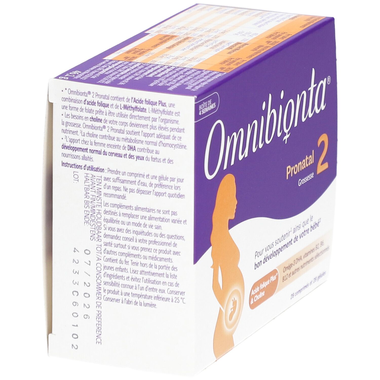 Omnibionta Pronatal 2 doos. Zwangere vrouw silhouet. 28 tabletten en capsules. Productinformatie op de verpakking.