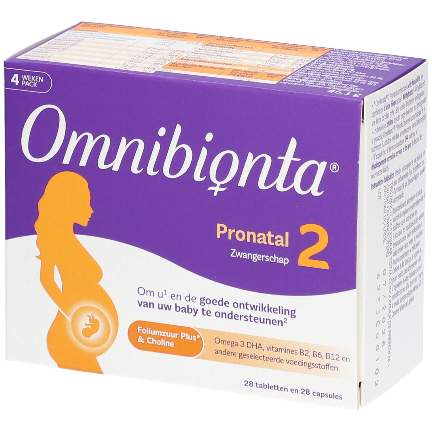 Omnibionta Pronatal 2 doos. Zwangere vrouw silhouet. 28 tabletten en capsules. Productinformatie op de verpakking.